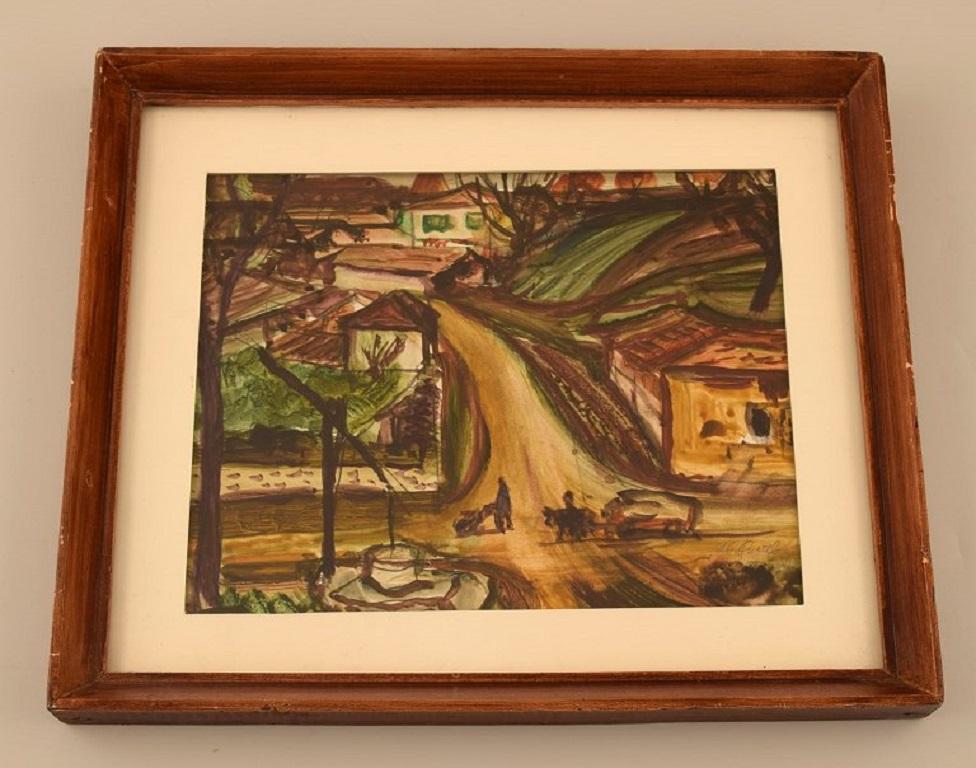 Unknown Hungarian artist. Watercolor on paper. Modernist town landscape. 1960s.
Visible dimensions: 26 x 21 cm.
Total dimensions: 33 x 27 cm.
The frame measures: 2 cm.
In excellent condition.
Signed.