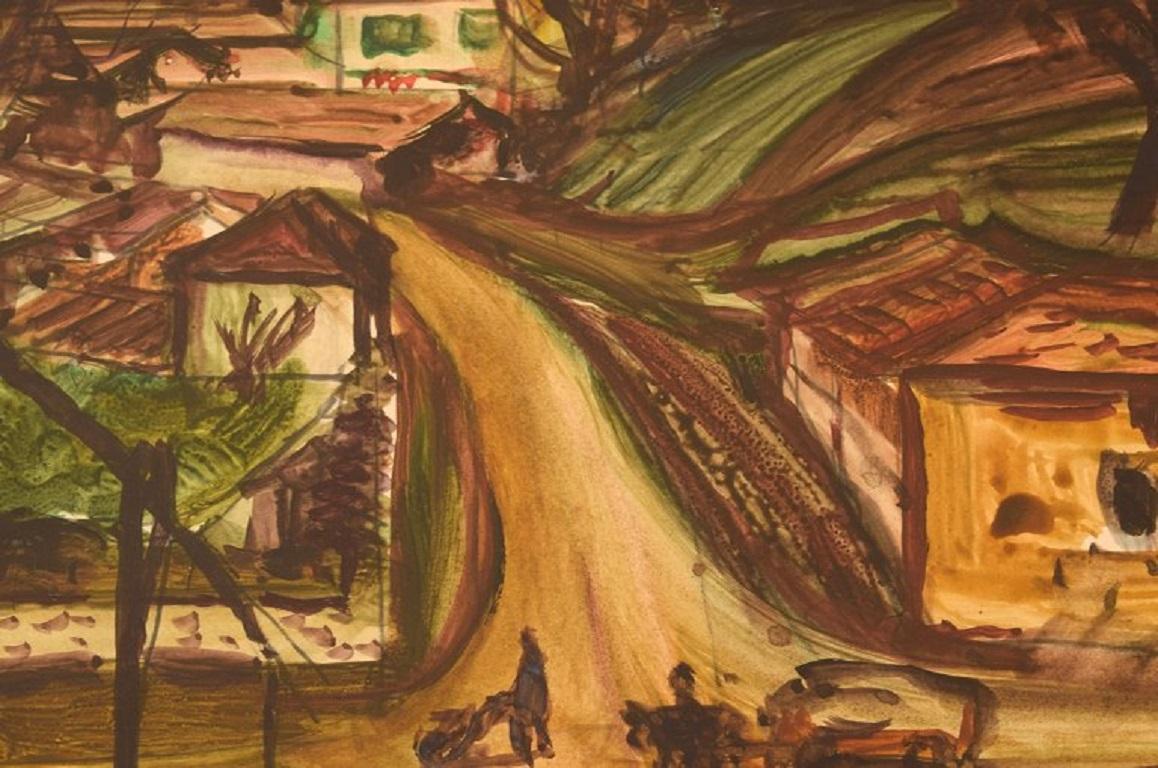 Hongrois Artiste hongrois inconnu, aquarelle sur papier, paysage de ville moderniste, années 1960 en vente