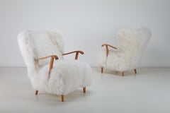 Long Hair Tibetan Sheepskin Armchairs , Sweden, 1940s