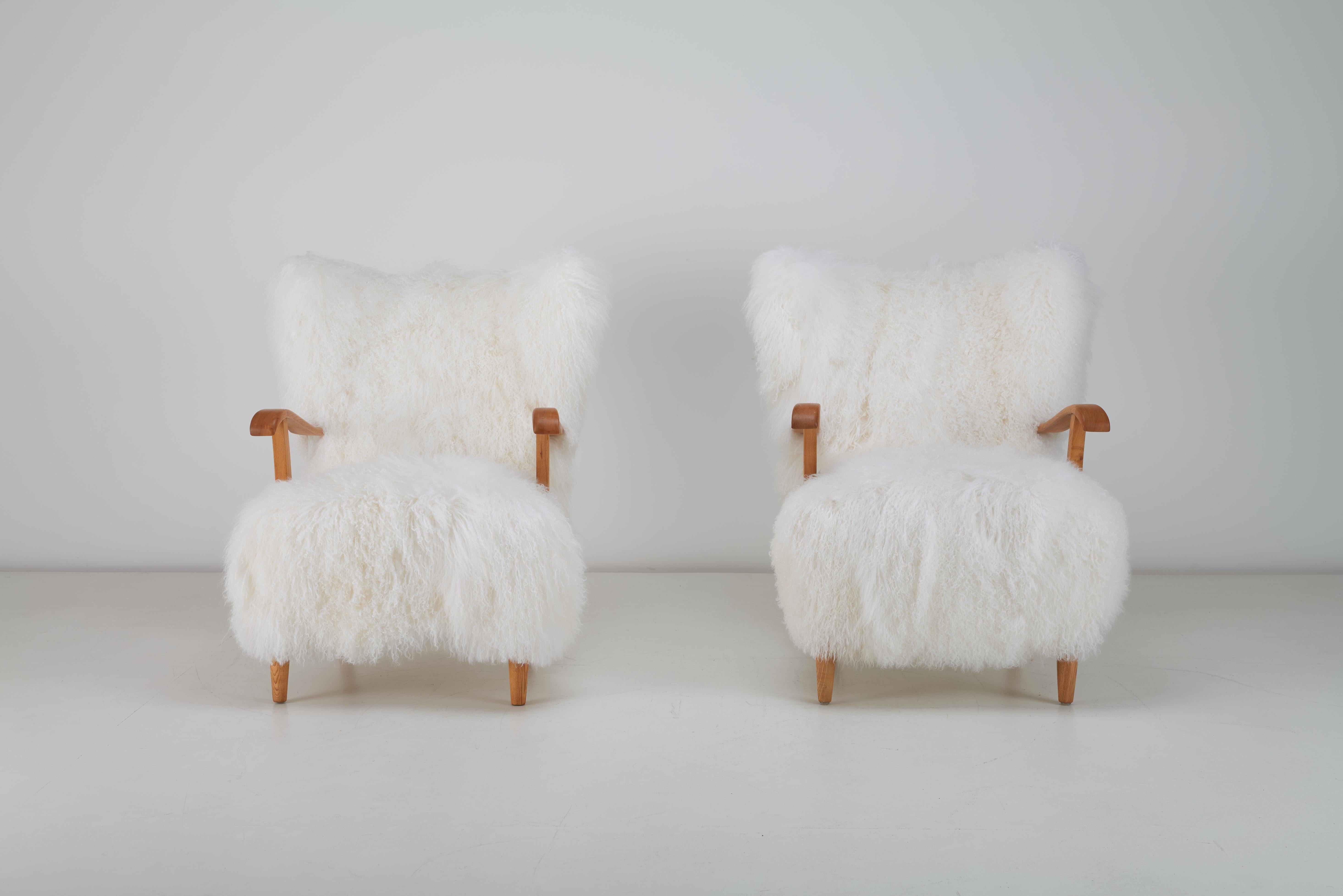 Swedish Long Hair Tibetan Sheepskin Armchairs , Sweden, 1940s For Sale