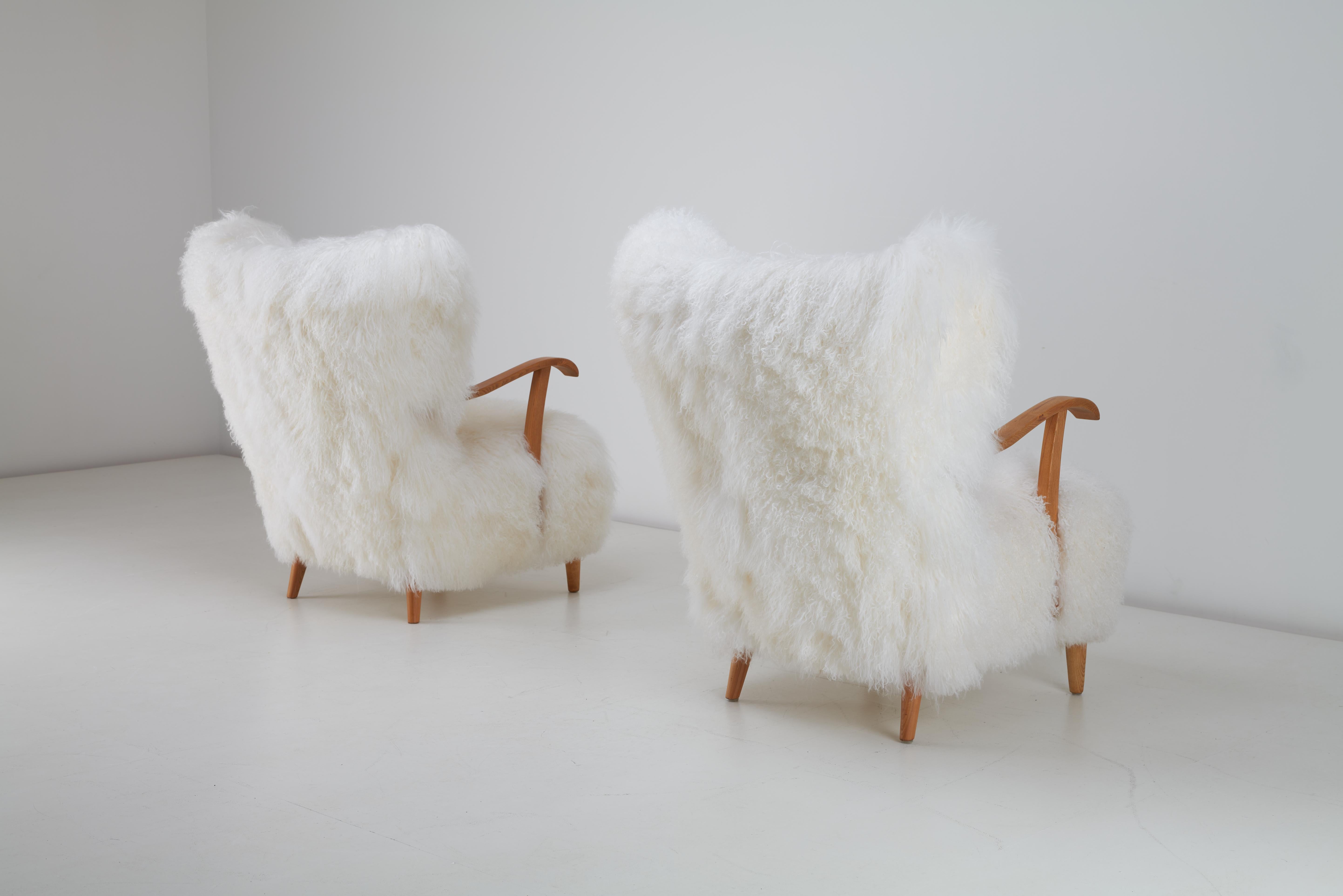 20th Century Long Hair Tibetan Sheepskin Armchairs , Sweden, 1940s For Sale