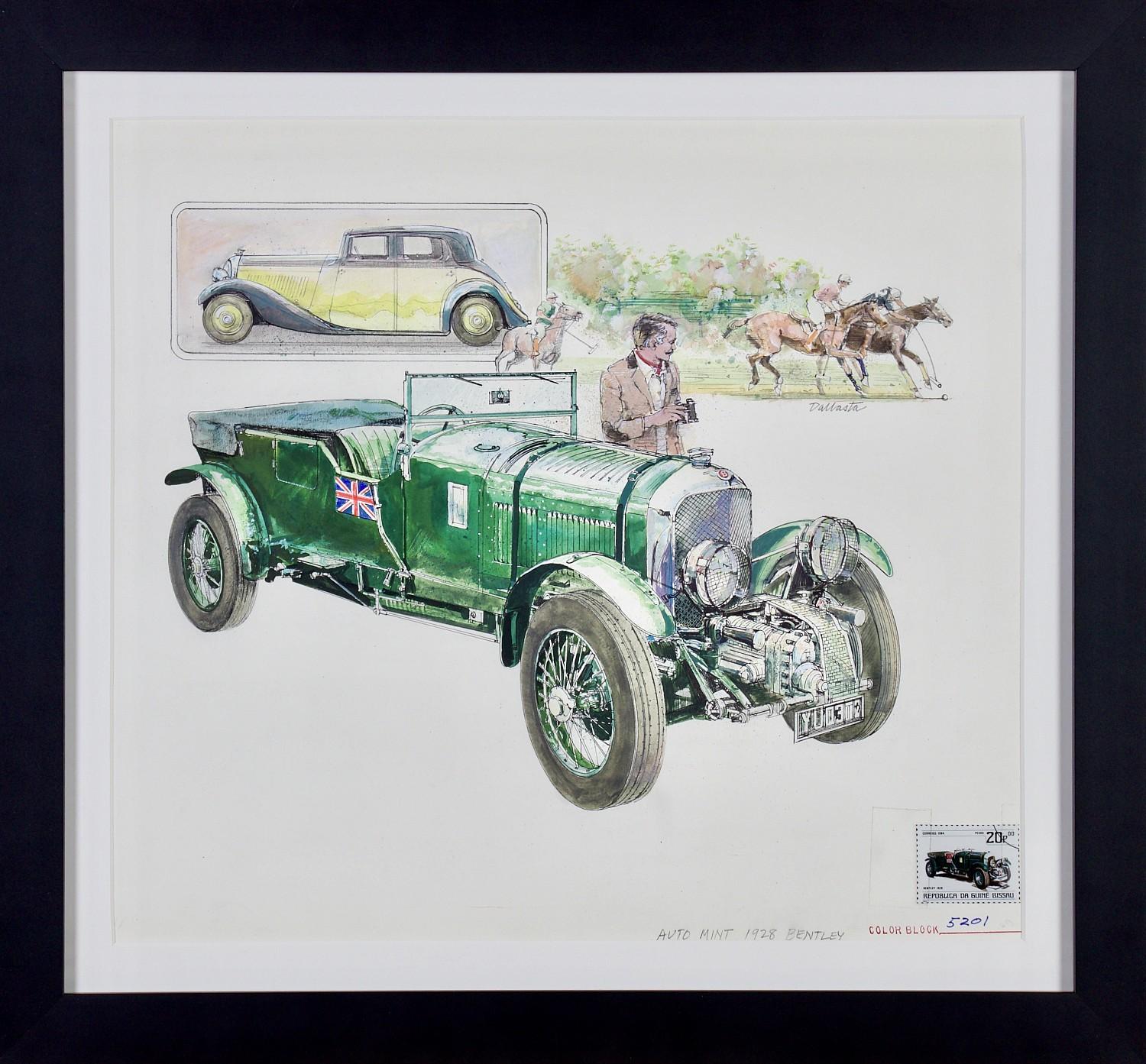 Figurative Art di Unknown - Auto d'epoca Bentleys del 1928 - Illustrazione della serie di francobolli automobilistici antichi