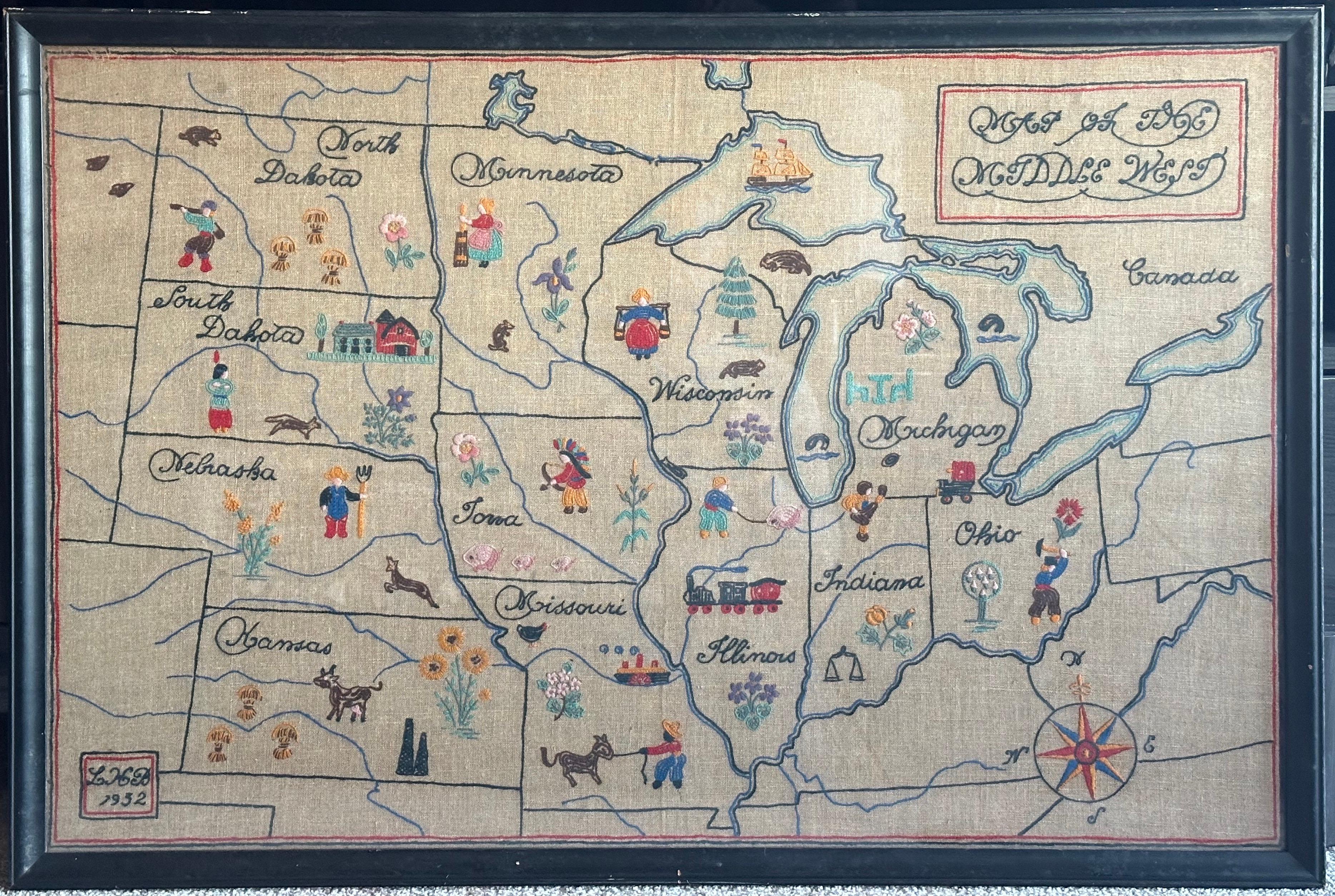 1932 Folk Art Needlepoint Map Midwest Midwestern states For Sale 1