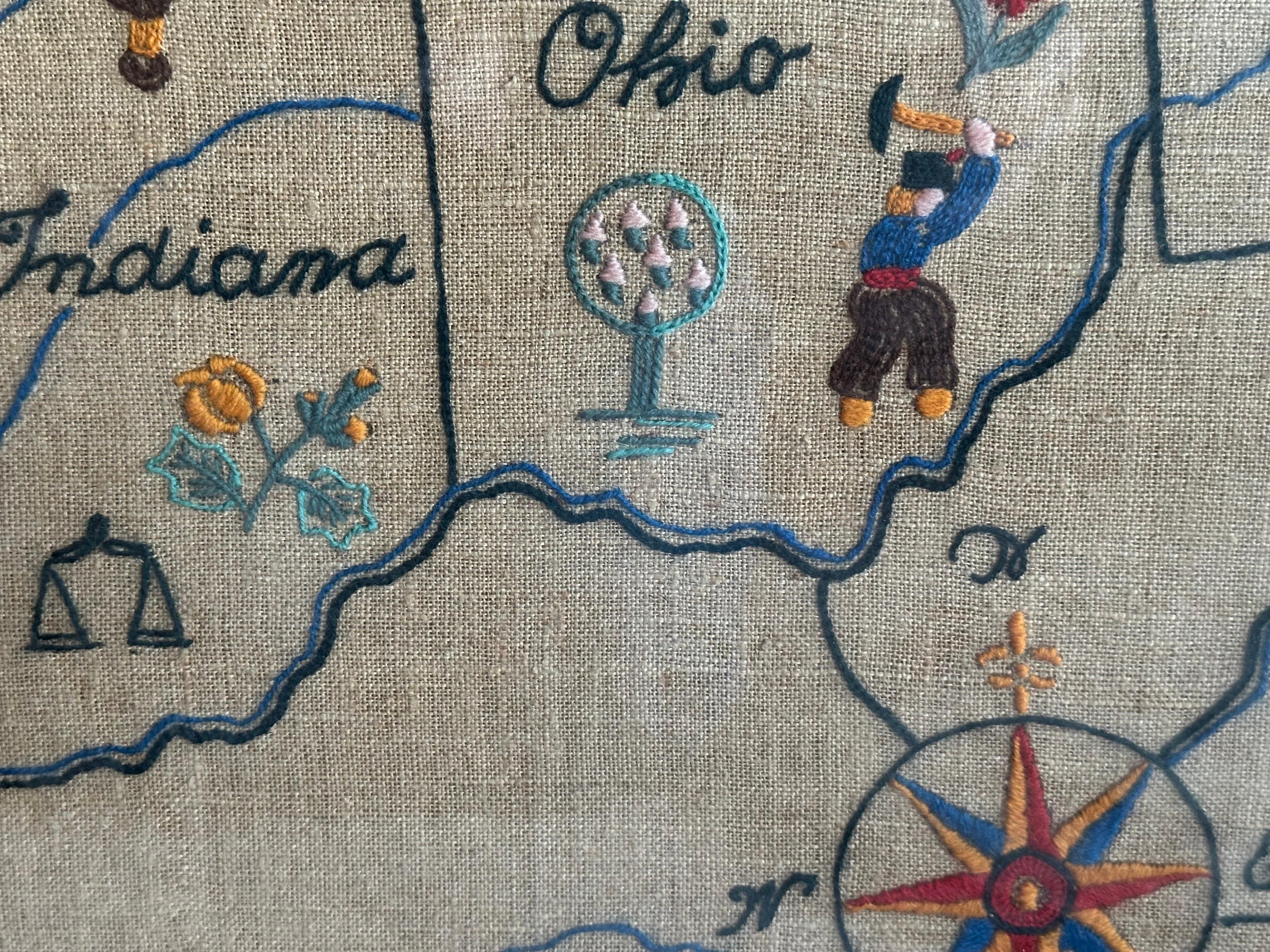 1932 Folk Art Needlepoint Map Midwest Midwestern states For Sale 2