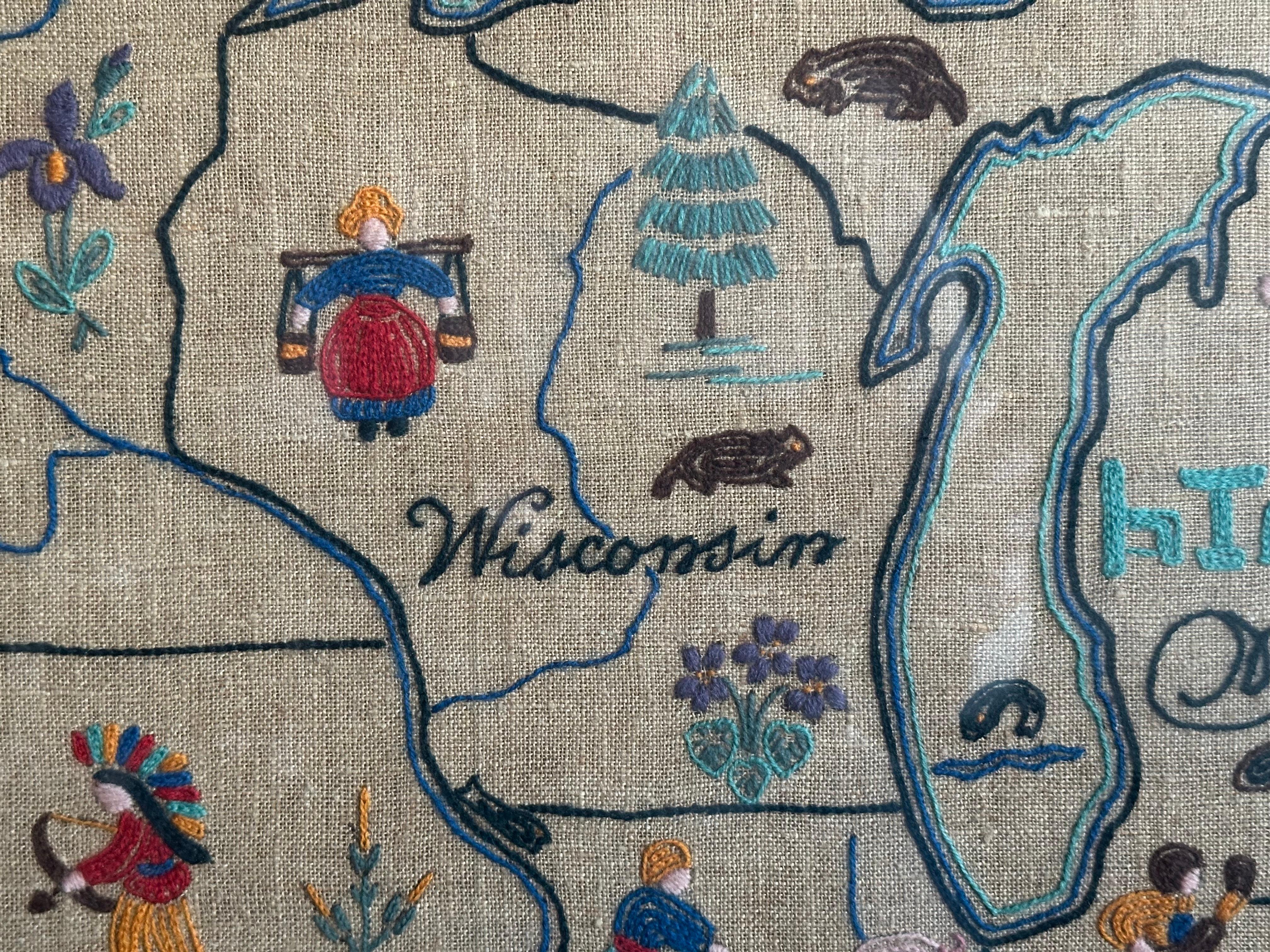 1932 Folk Art Needlepoint Map Midwest Midwestern states For Sale 3