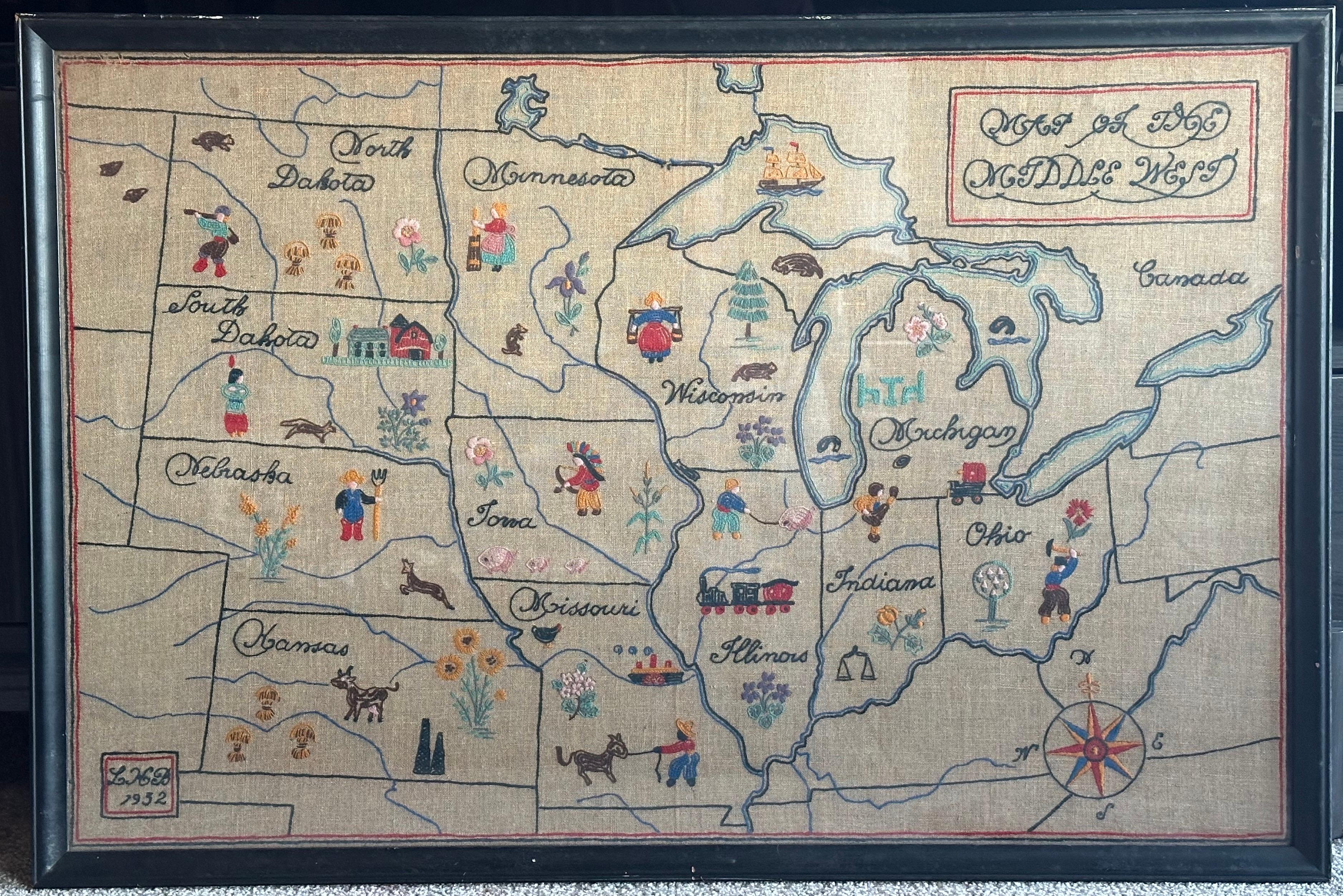 1932 Folk Art Needlepoint Map Midwest Midwestern states - Mixed Media Art by Unknown
