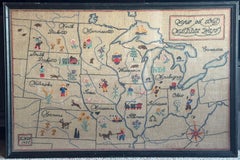 1932 Folk Art Needlepoint Map Medio Oeste Estados del Medio Oeste