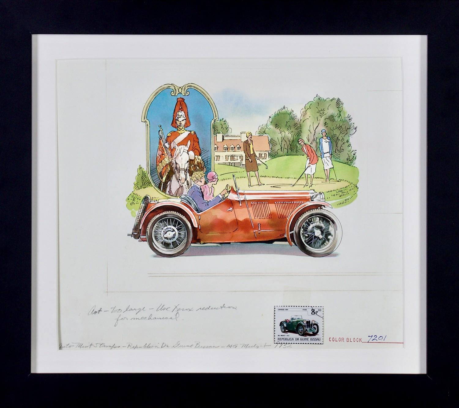 MG Midget Vintage Car and Golfers - Série de tampons d'automobiles anciens de 1932