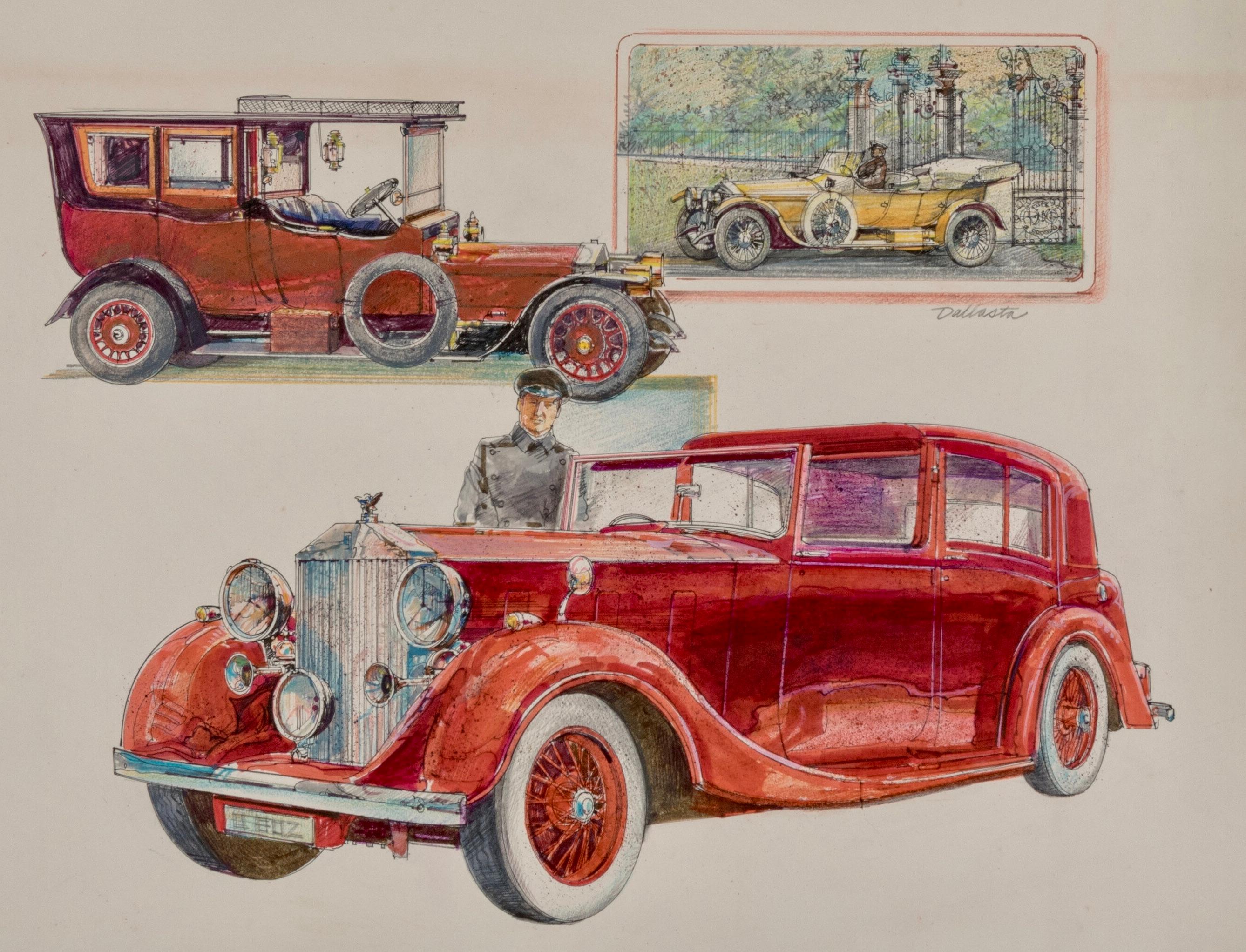 Illustrazione dell'auto d'epoca Rolls Royce del 1937 - dalla serie di francobolli automobilistici antichi

Illustrazione che mostra un autista accanto a una Rolls Royce del 1937 da diverse angolazioni. Timbro per auto d'epoca

Artista