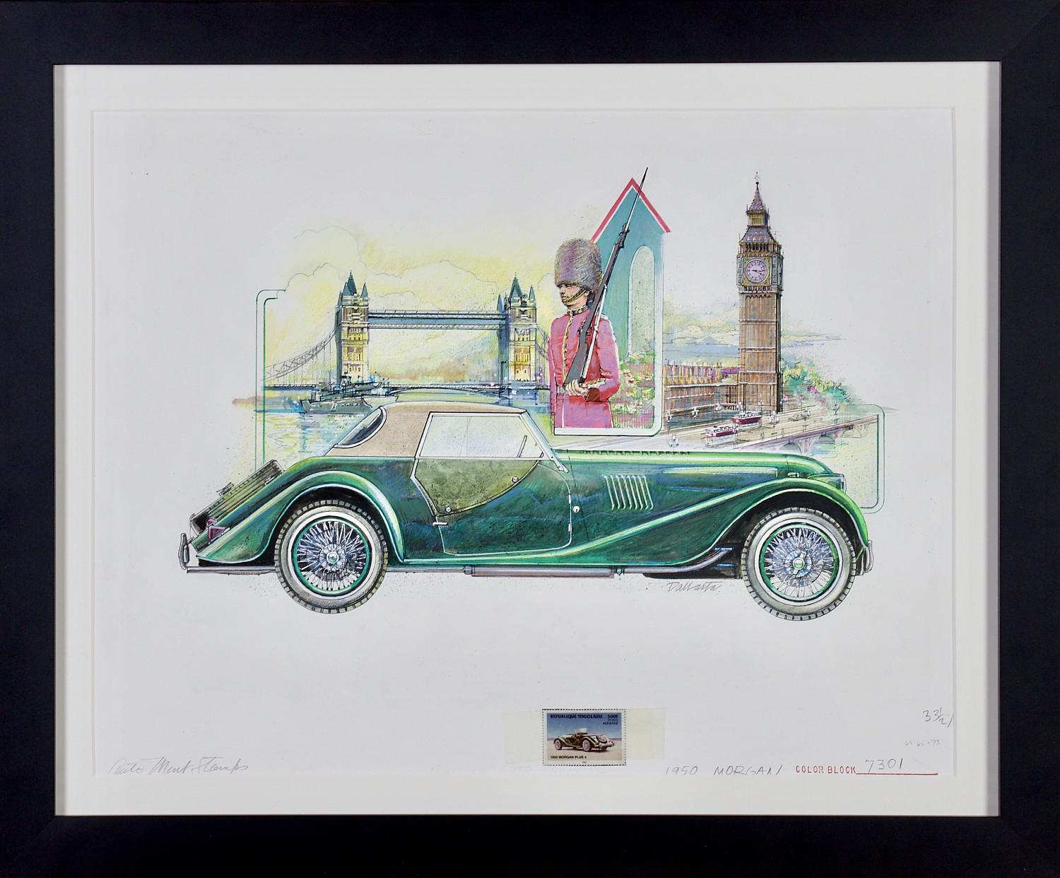 Auto d'epoca Morgan del 1950 - Illustrazione della serie di francobolli automobilistici antichi - Mixed Media Art di Unknown