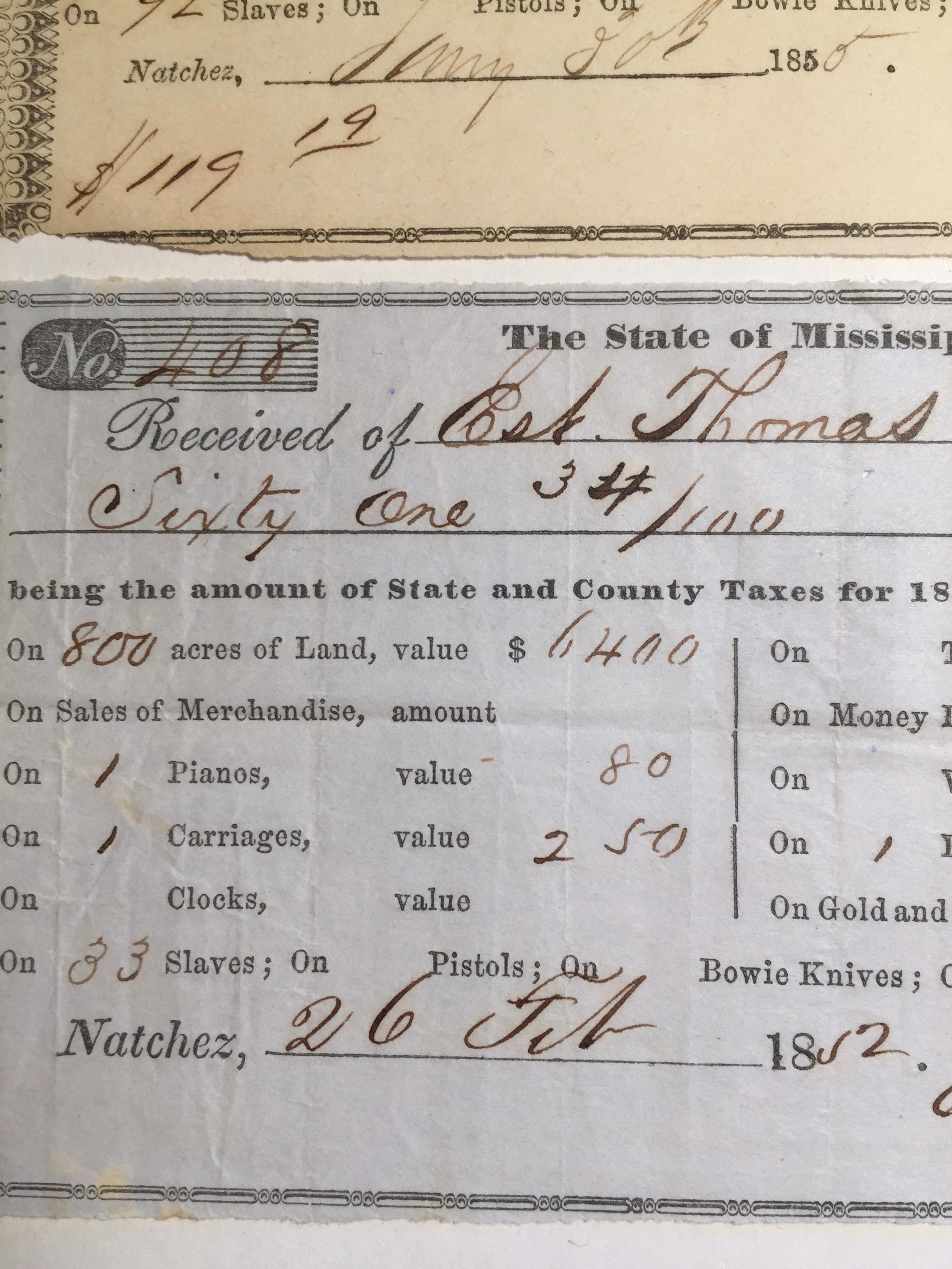 2 SLAVE PROPERTY TAX BILLS - Adams County, Mississippi - 1852 and 1855 - - American Realist Mixed Media Art by Unknown