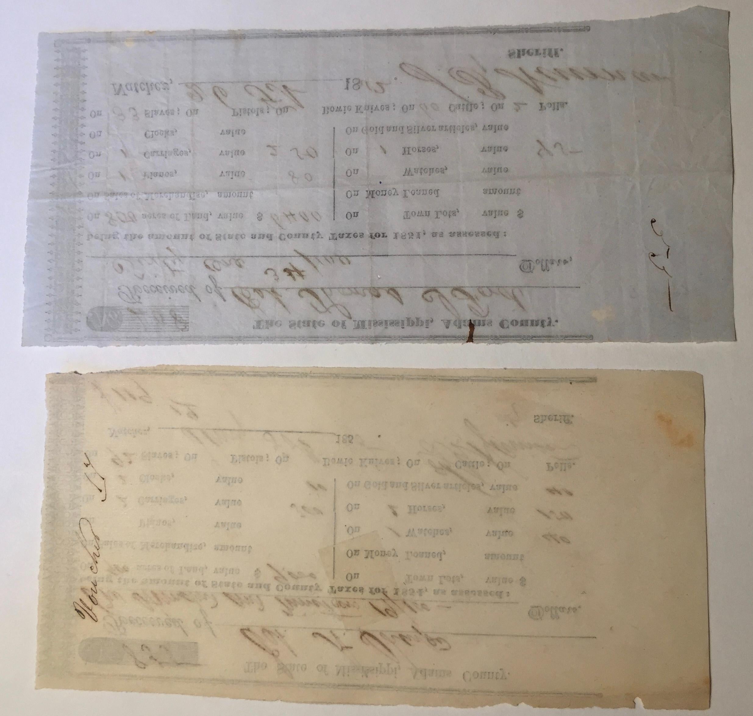 MISSISSIPPI PROPERTY TAX RECEIPTS INCLUDING SLAVES.

2 Printed Property Tax Receipts with with ink annotations  -  listing inventory and tax amount for Land, Pianos, Carriages,  Horses, Watches, Clocks , Bowie Knives and SLAVES. One 3 x 6 inches,