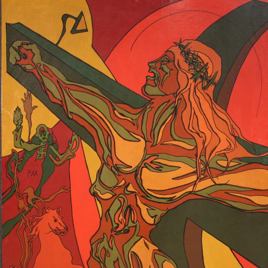 siglo XX Técnica mixta sobre lienzo Pintura religiosa surrealista Crucifixión en venta 6