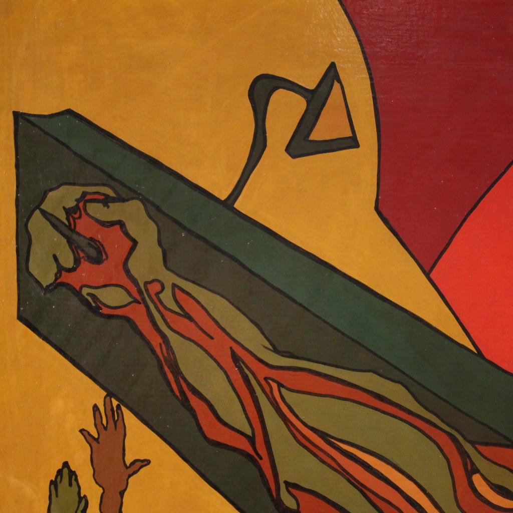 siglo XX Técnica mixta sobre lienzo Pintura religiosa surrealista Crucifixión en venta 8