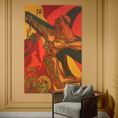 20th Century Mixed Media On Canvas Surrealist Religious Painting Crucifixion