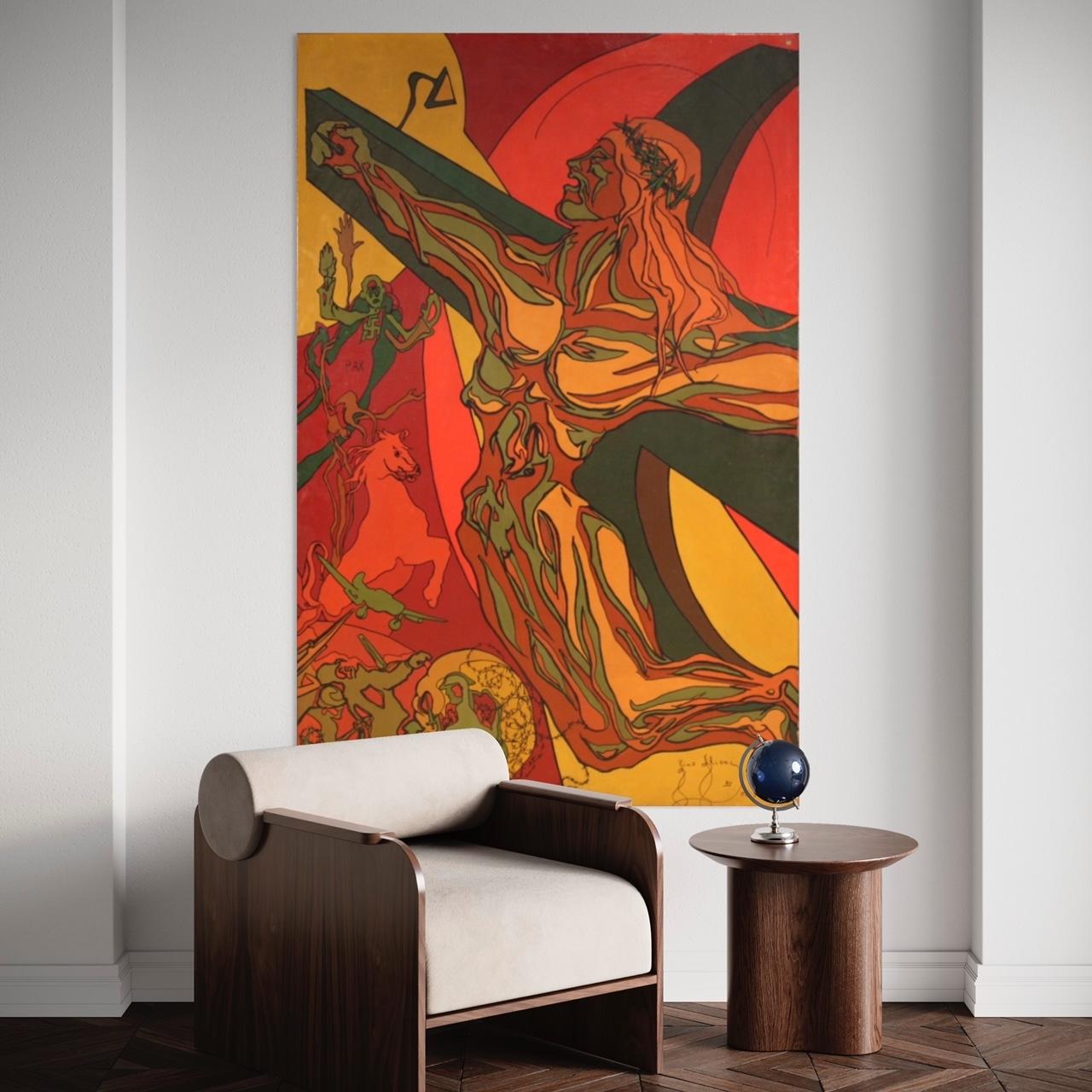 siglo XX Técnica mixta sobre lienzo Pintura religiosa surrealista Crucifixión - Figurative Painting Brown de Unknown