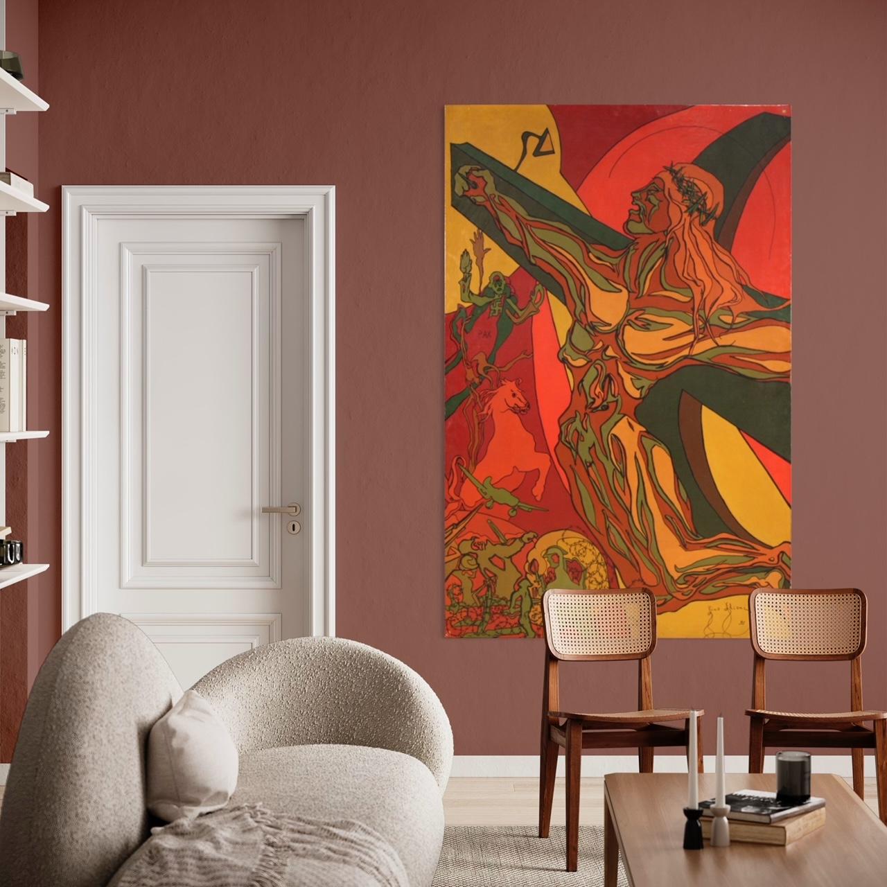 Pintura italiana de la segunda mitad del siglo XX. Marco de técnica mixta sobre lienzo (pegado sobre panel) que representa un tema surrealista Crucifixión de buena calidad pictórica. Pintura de gran medida e impacto, para anticuarios, decoradores de