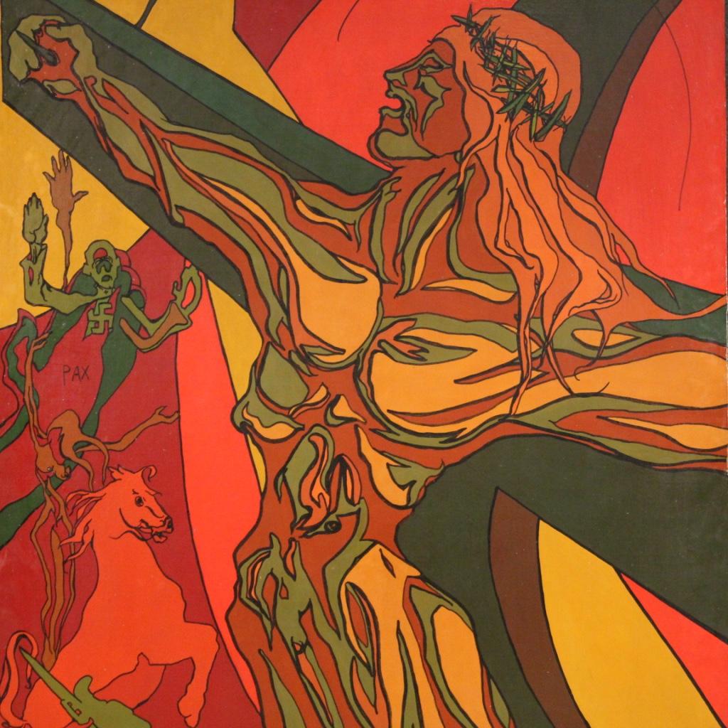 siglo XX Técnica mixta sobre lienzo Pintura religiosa surrealista Crucifixión en venta 1