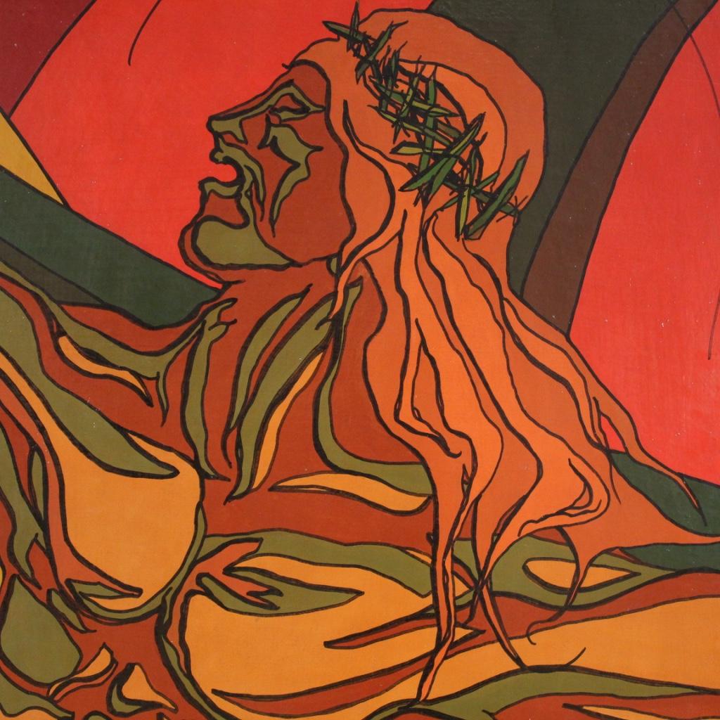 siglo XX Técnica mixta sobre lienzo Pintura religiosa surrealista Crucifixión en venta 5