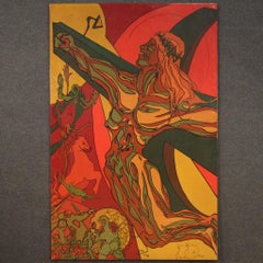 20th Century Mixed Media On Canvas Surrealist Religious Painting Crucifixion
