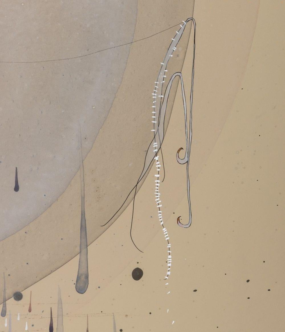 Abstract Composition Diptych, Mixed Media on Paper, laid on board, overlapping transparent circles with a flock of teardrops, apparently unsigned, unframed. Panel: 24