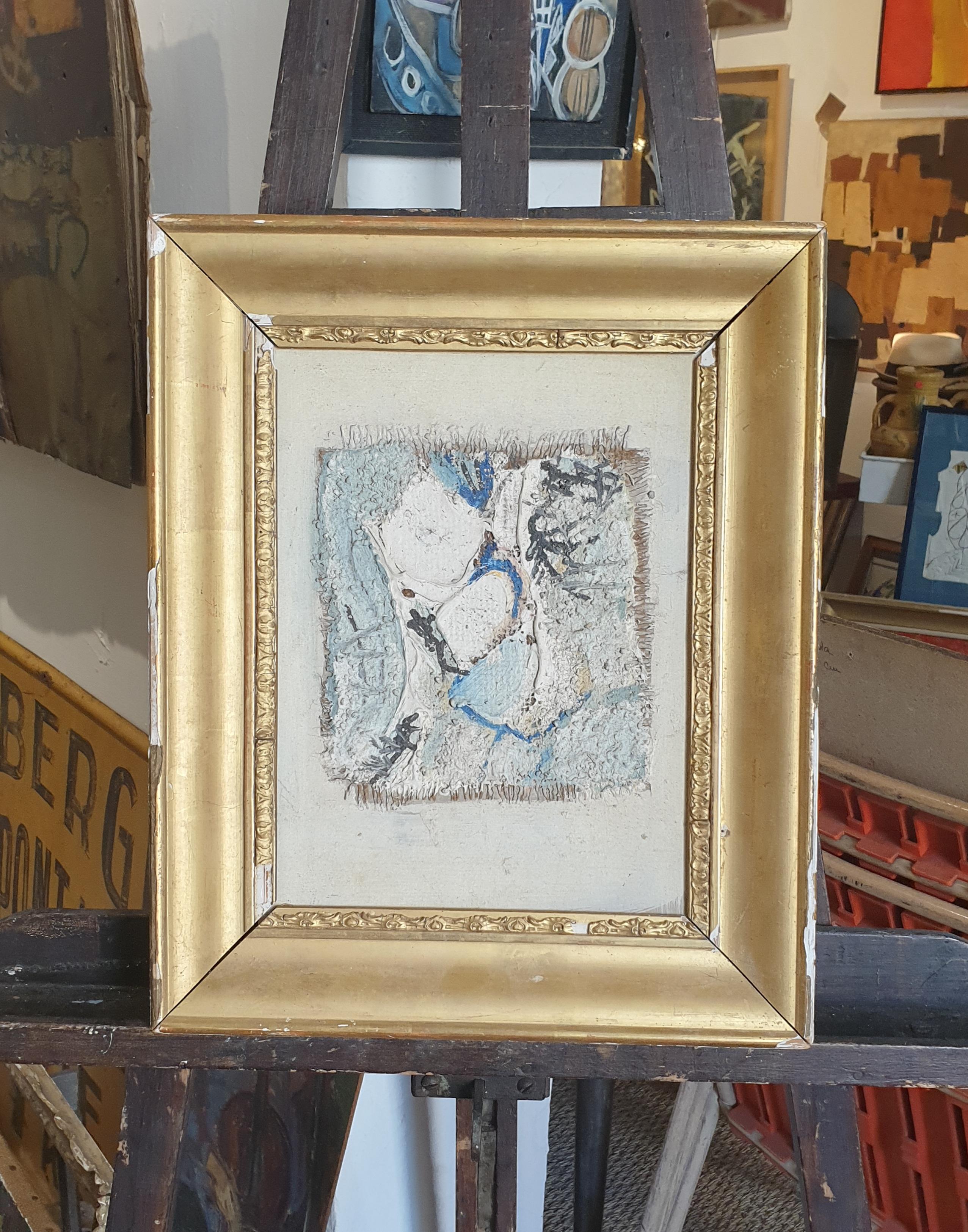 Mixed media abstract expressionist work on board, presented in a gilt wood frame. Artist unknown. 

Acrylic paint in blue, white and black has been thickly applied to a weave of organic material to create this jewel of a painting. The texture of the
