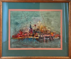 Paesaggio urbano modernista astratto con skyline, luci del porto di New York