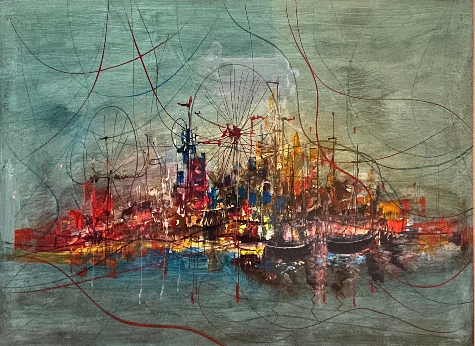 Abstract Modernist Urban Skyline Landscape, New York City Harbor Lights - Mixed Media Art by Unknown
