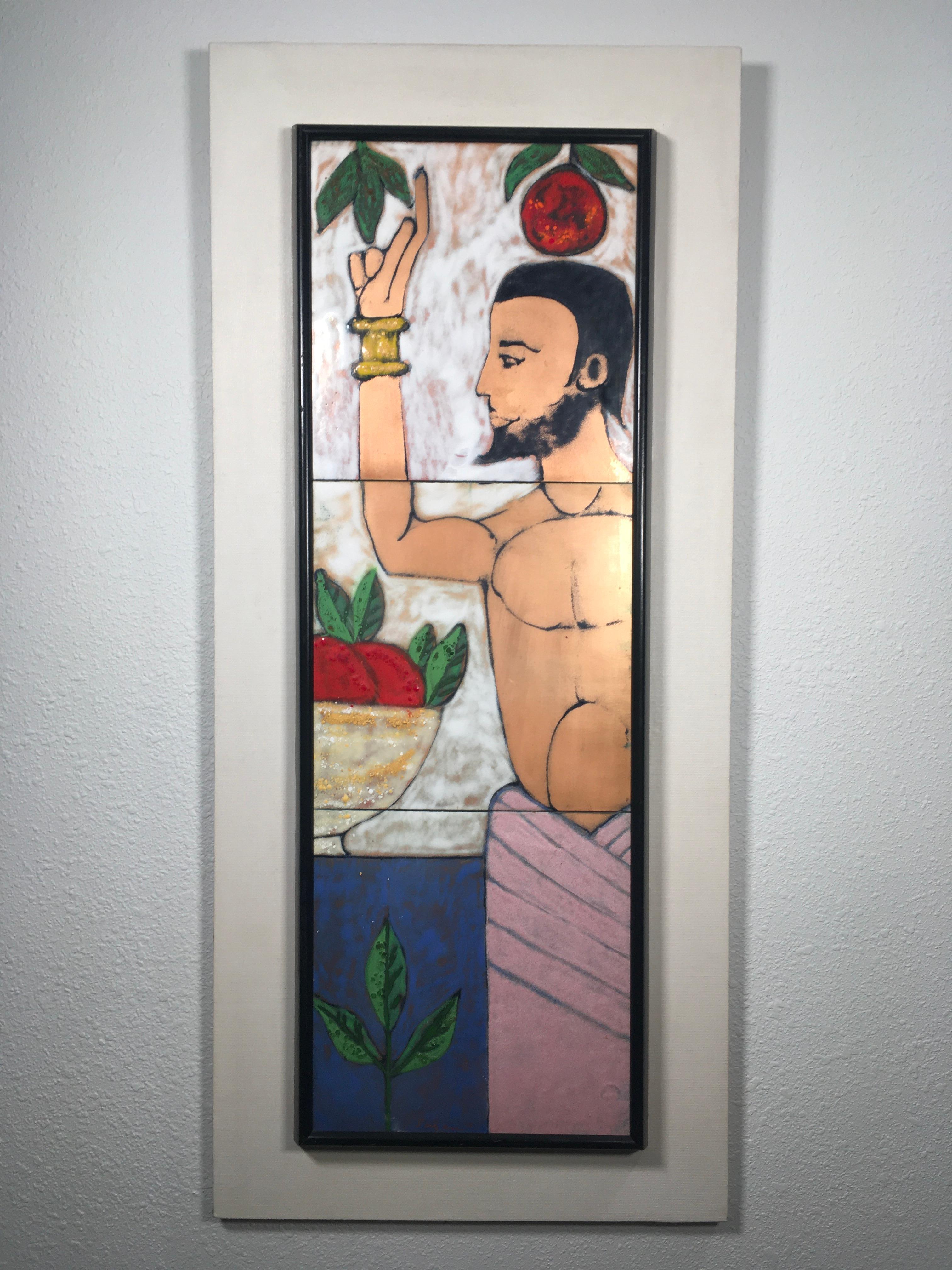 This 43.75" x 19.5" work incorporates three painted metal panels on a white wood base depicting a simplistic rendering of Adam from the biblical story of 'Adam & Eve'. The figure is slightly cut off on the right edge of the work, with the majority