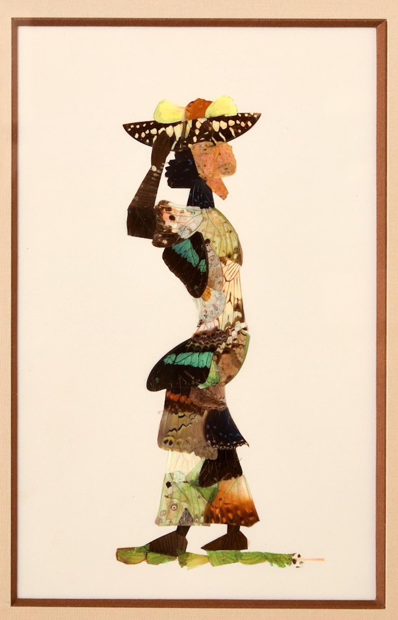 Afrikanische Schmetterlingsfrau – Vintage-Collage mit echten Schmetterlingen – 1950er Jahre – Mixed Media Art von Unknown