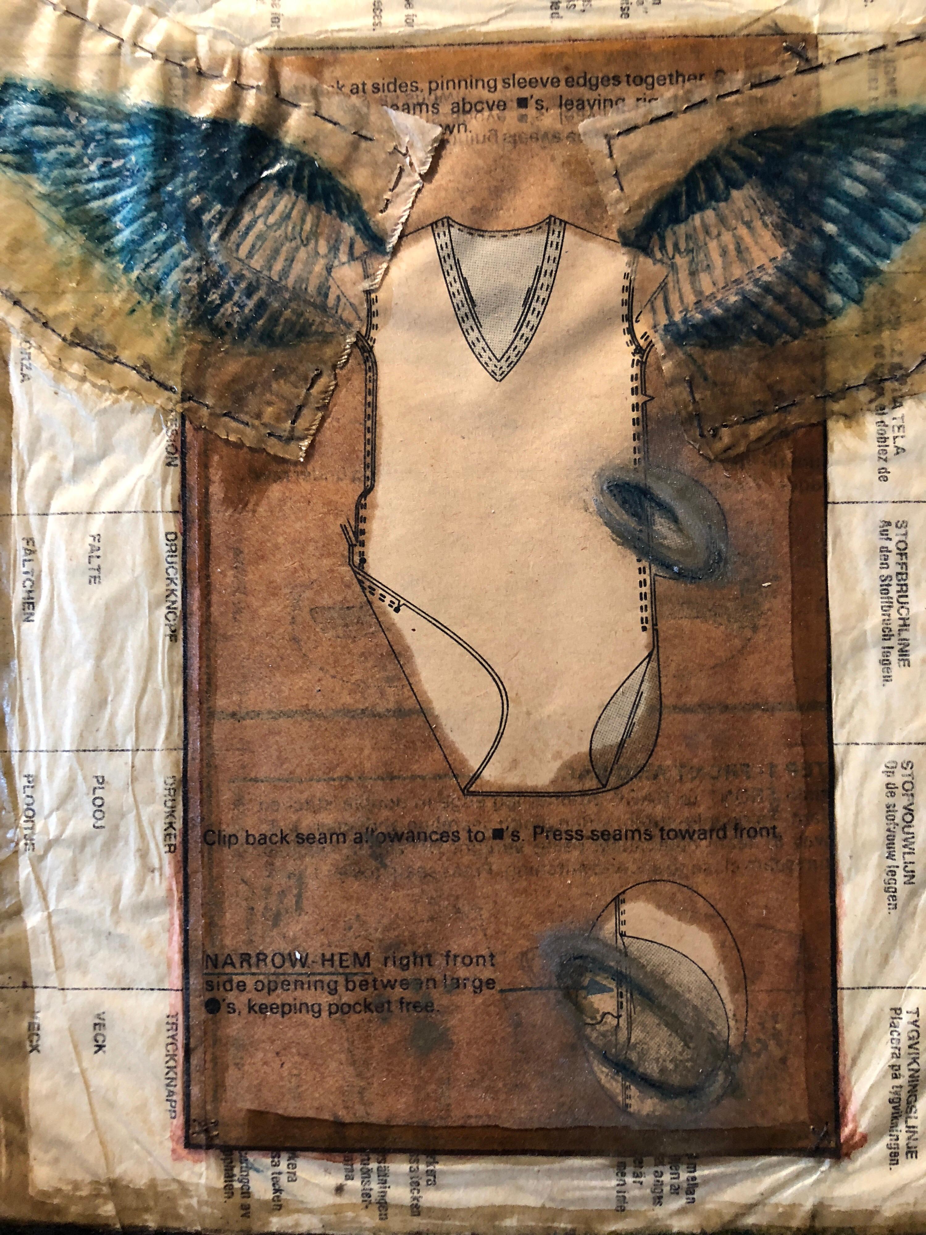 Angel Wings Mixed Media Collage Painting Assemblage Piece Stitched and Sewn - Modern Mixed Media Art by Unknown