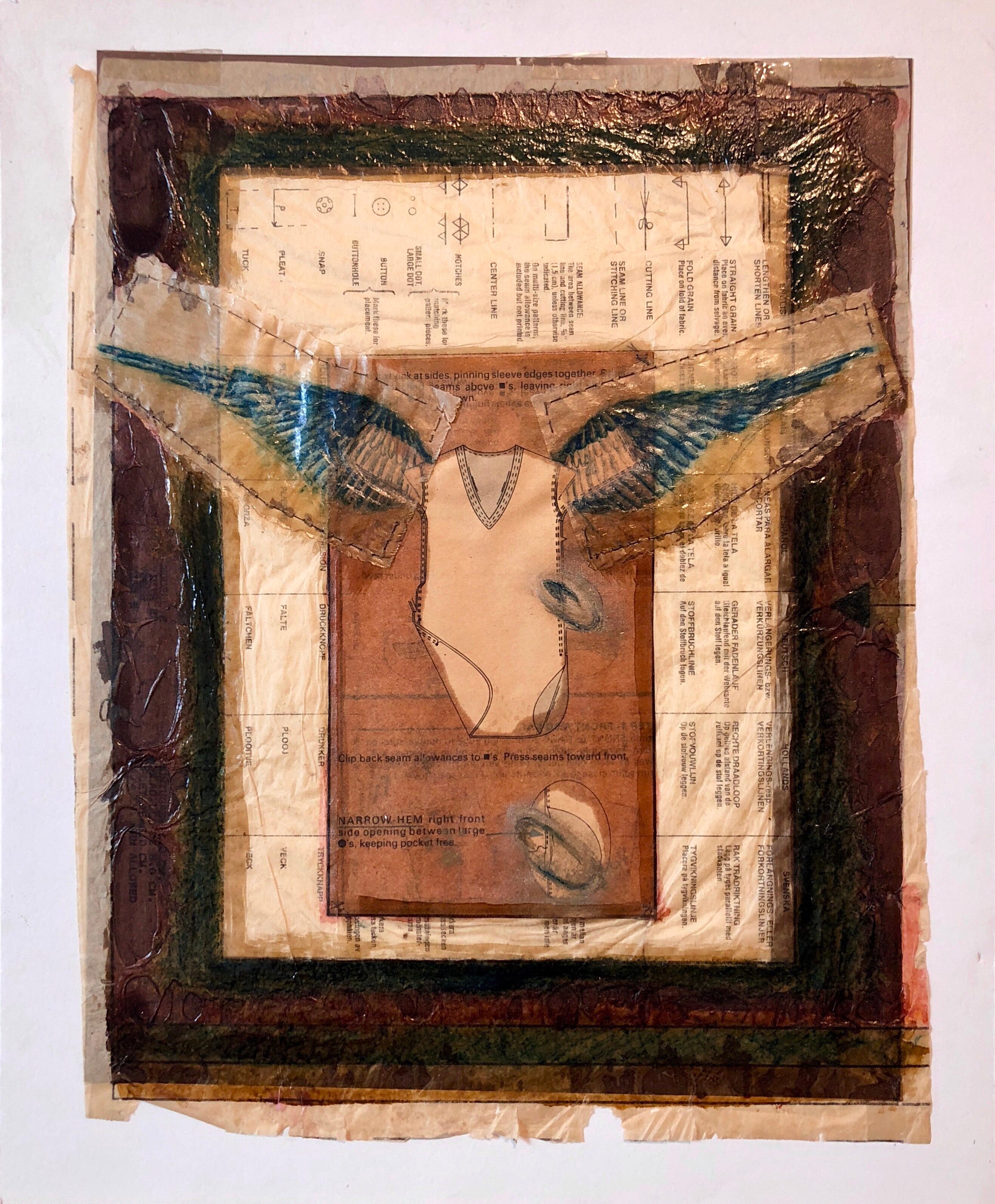 Unknown Abstract Painting - Angel Wings Mixed Media Collage Painting Assemblage Piece Stitched and Sewn
