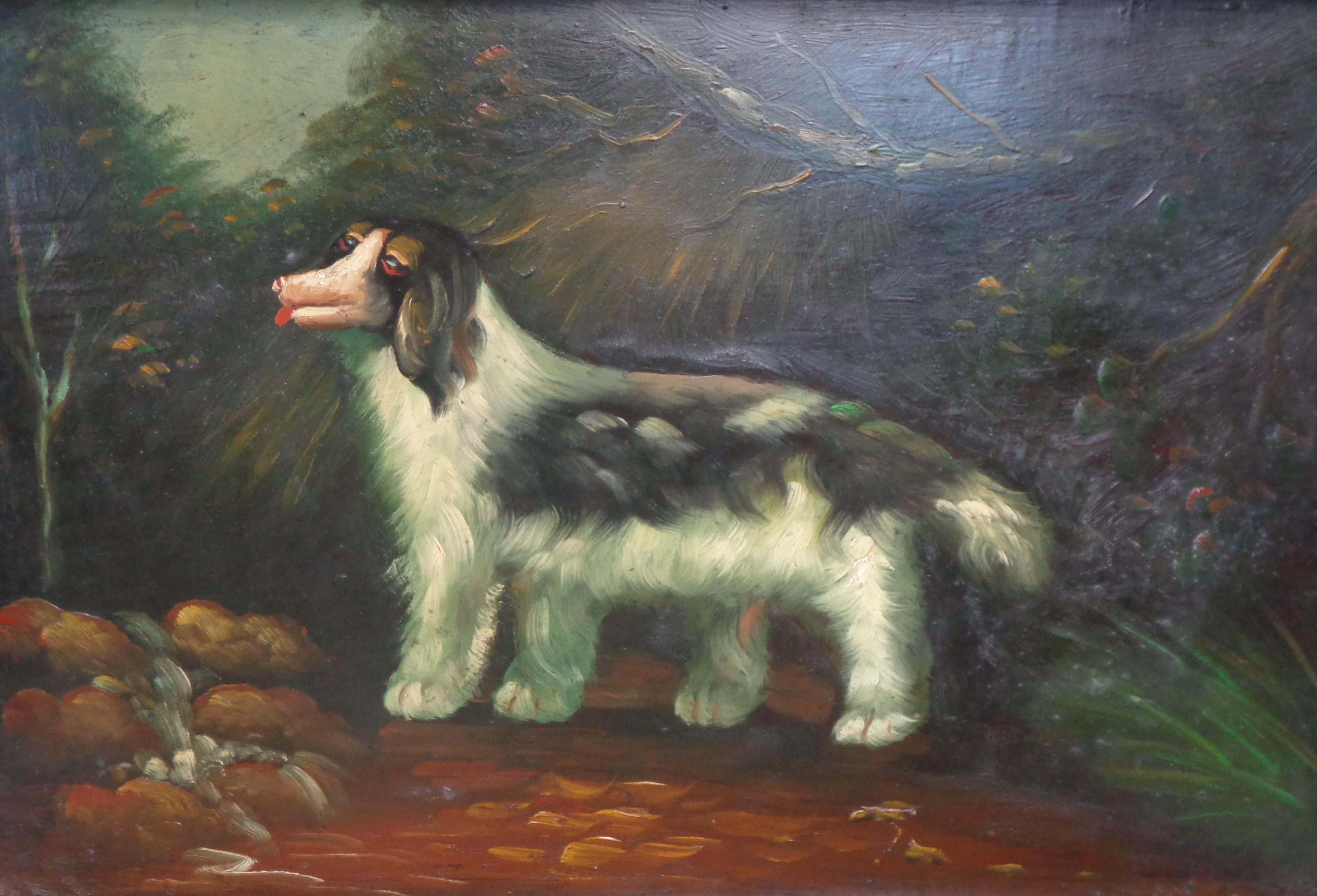 Plateau de service en bois peint de style primitif avec chien, scène d'extérieur - Impressionnisme Mixed Media Art par Unknown