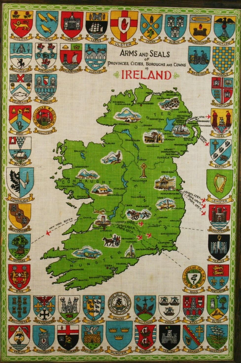 3798 Arms and seals of cities in Ireland landscape on linen