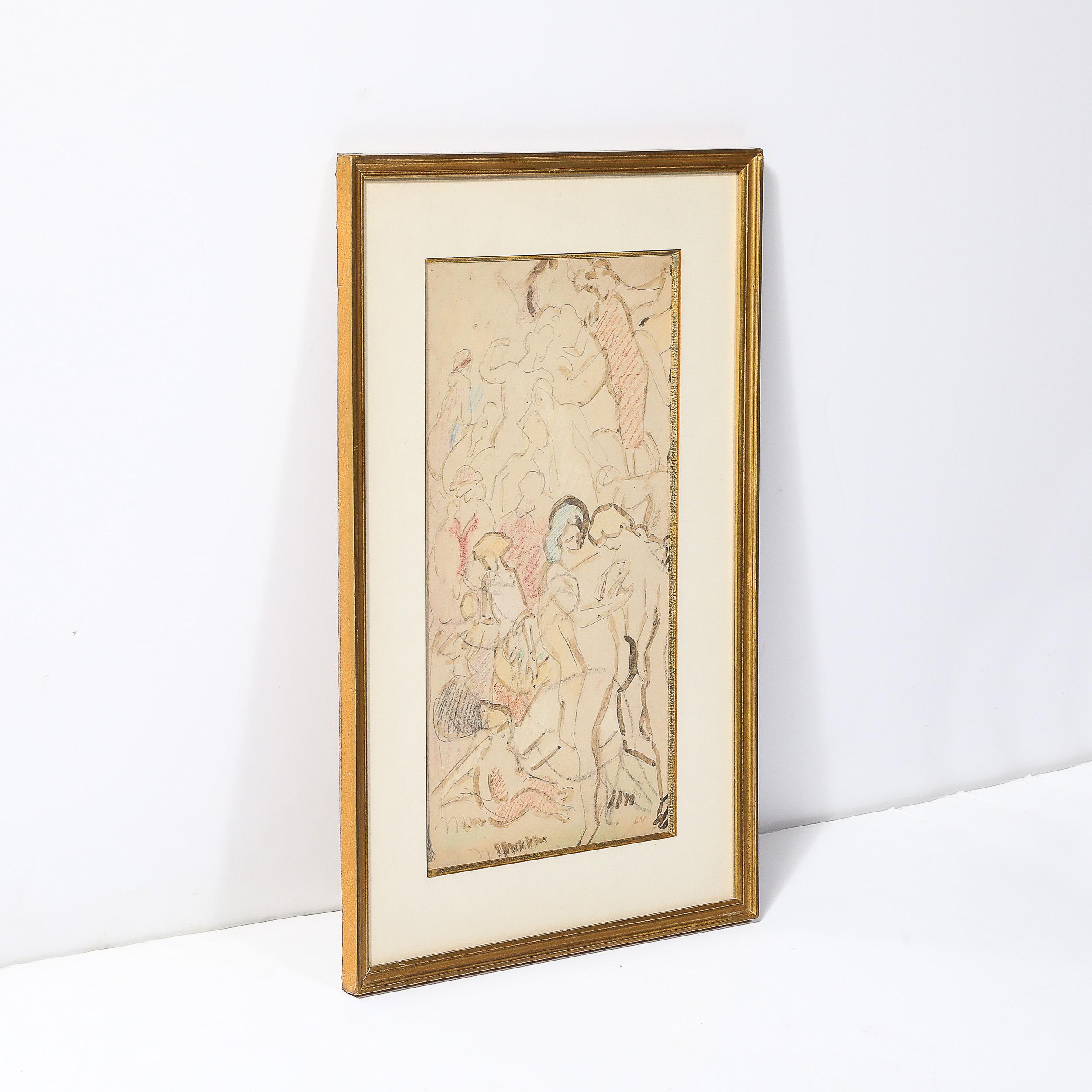 Disegno Art Deco a tecnica mista mitologico e figurativo in grafite e Conte, firmato 