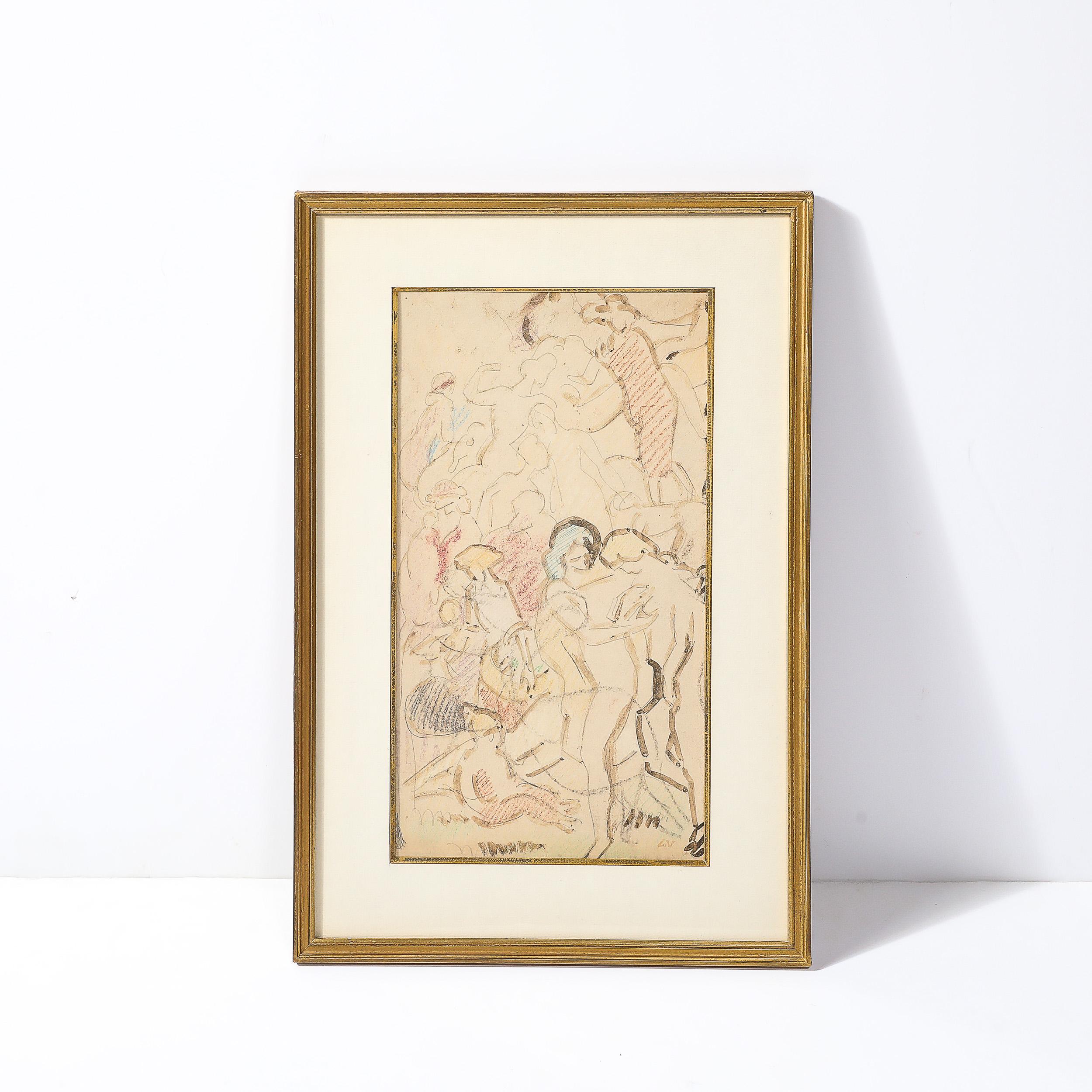 Questo splendido disegno mitologico a tecnica mista Art Deco in grafite e Conte, firmato 