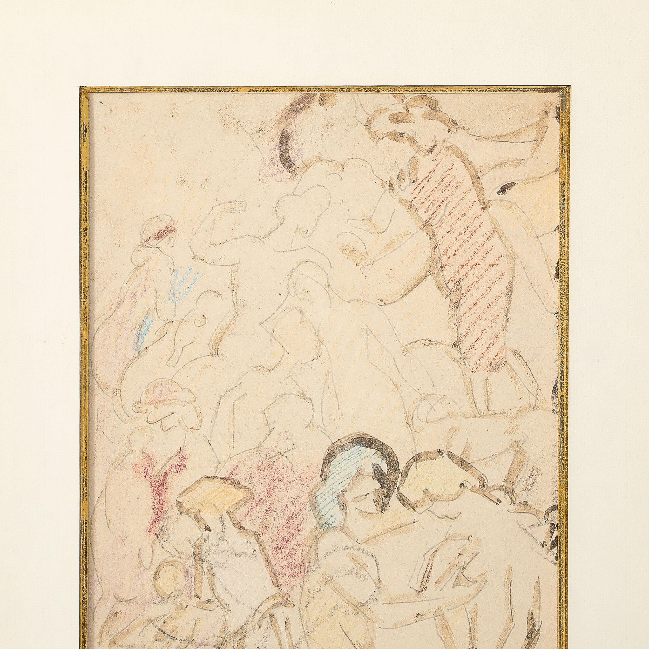 Disegno Art Deco a tecnica mista mitologico e figurativo in grafite e Conte, firmato 