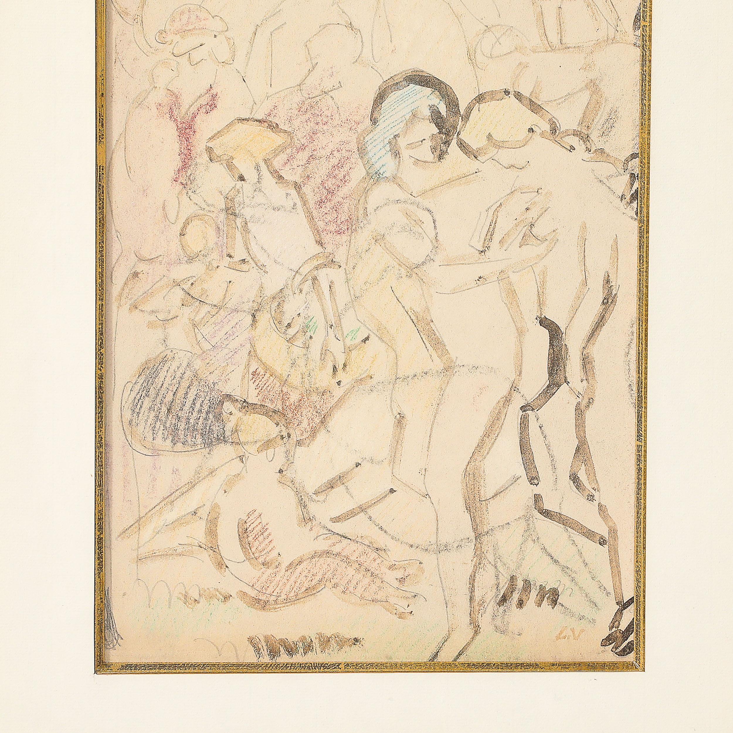 Disegno Art Deco a tecnica mista mitologico e figurativo in grafite e Conte, firmato 