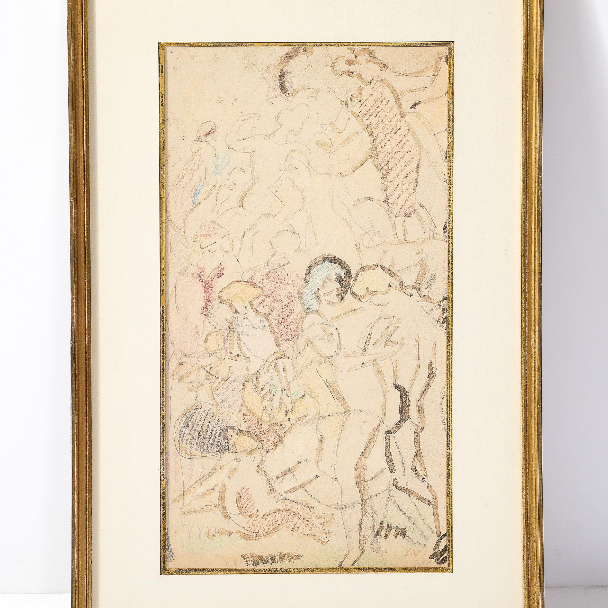 Disegno Art Deco a tecnica mista mitologico e figurativo in grafite e Conte, firmato 