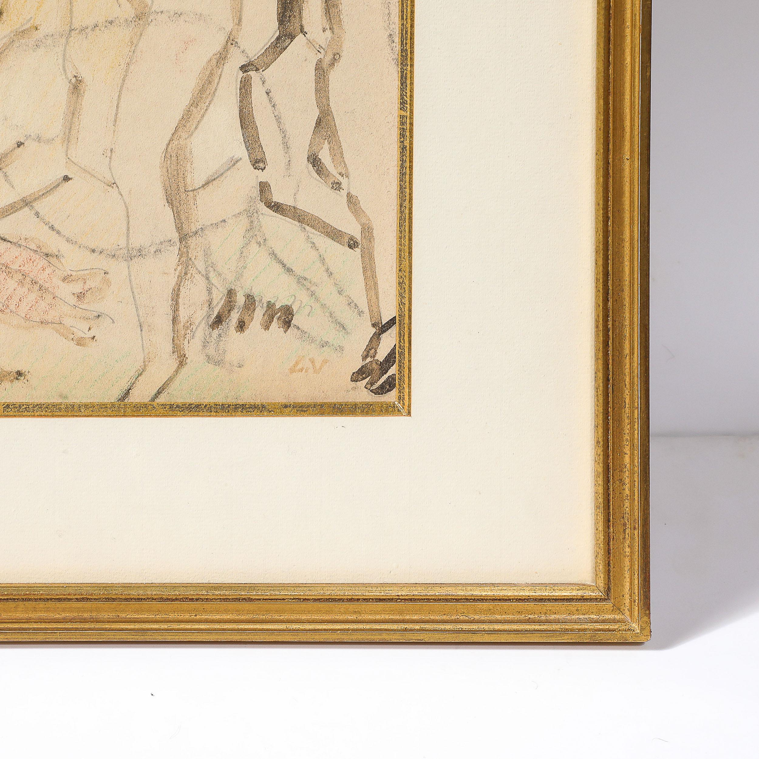 Disegno Art Deco a tecnica mista mitologico e figurativo in grafite e Conte, firmato 