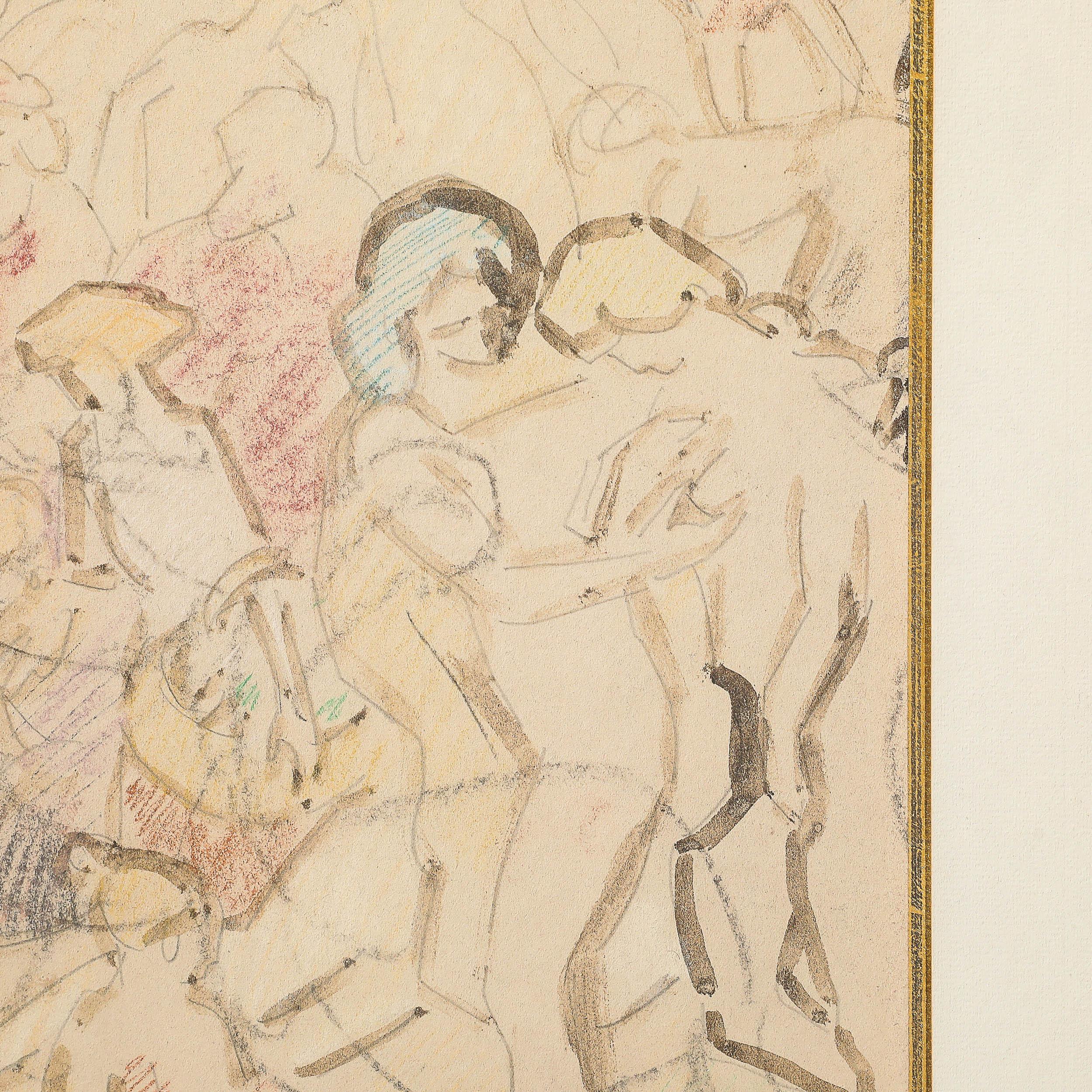 Disegno Art Deco a tecnica mista mitologico e figurativo in grafite e Conte, firmato 