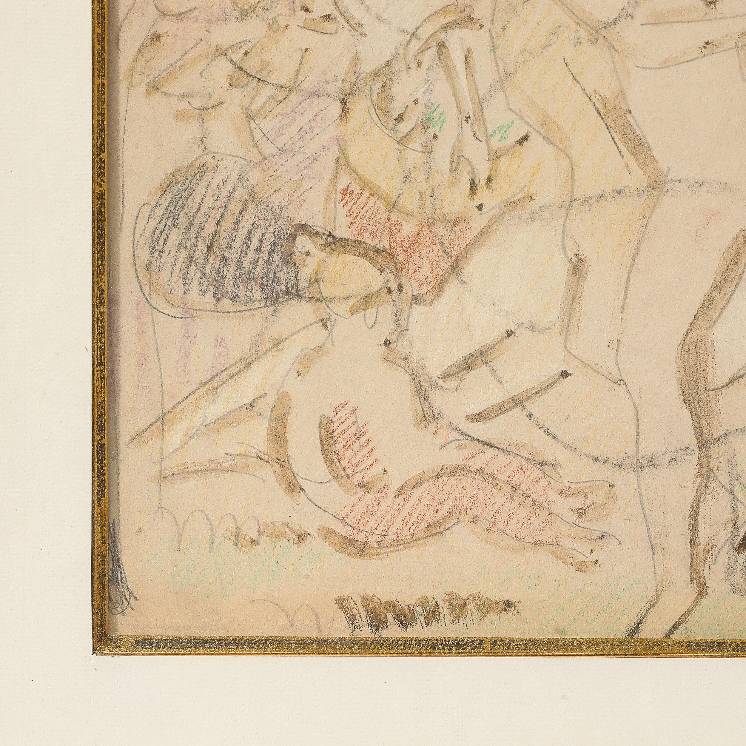 Disegno Art Deco a tecnica mista mitologico e figurativo in grafite e Conte, firmato 