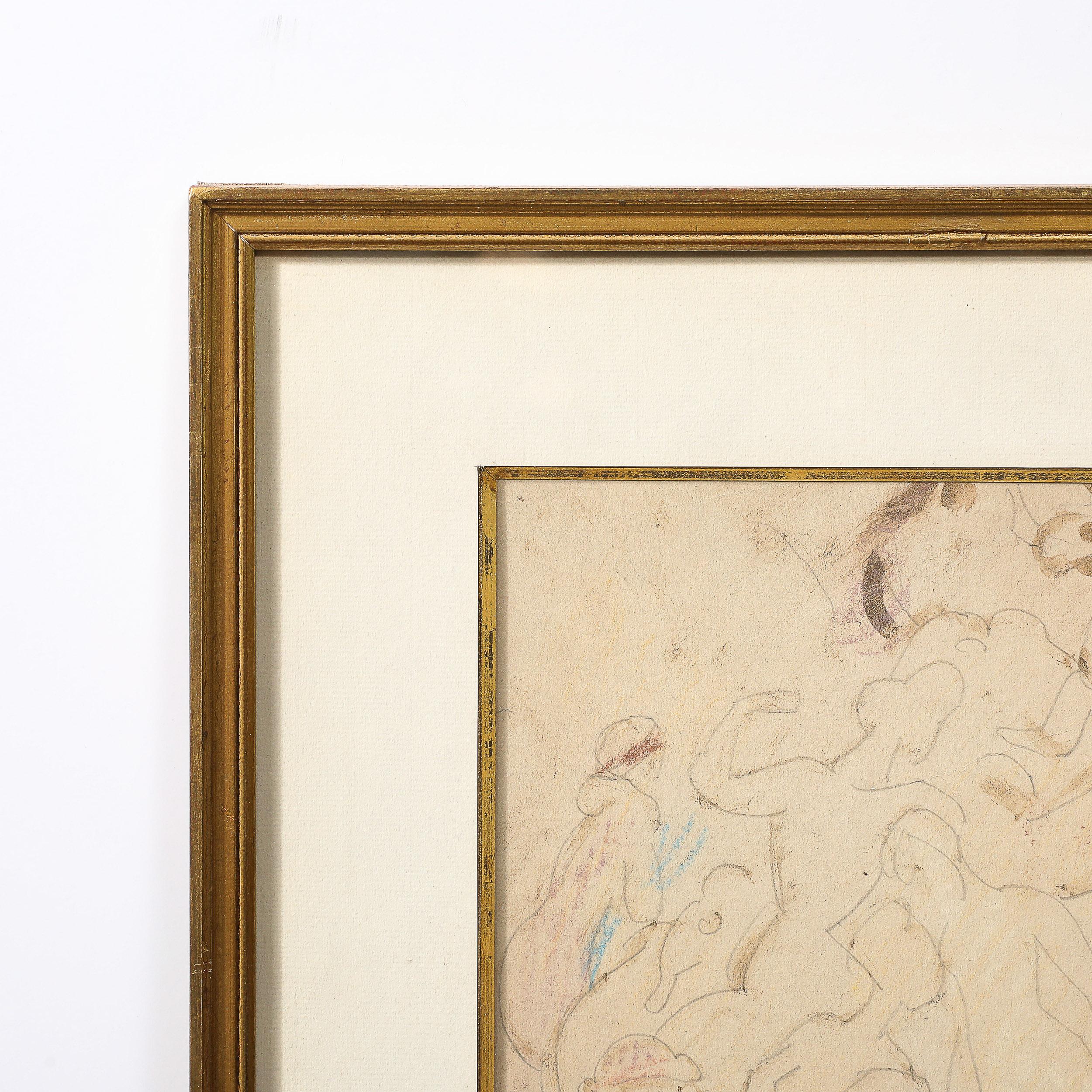 Disegno Art Deco a tecnica mista mitologico e figurativo in grafite e Conte, firmato 