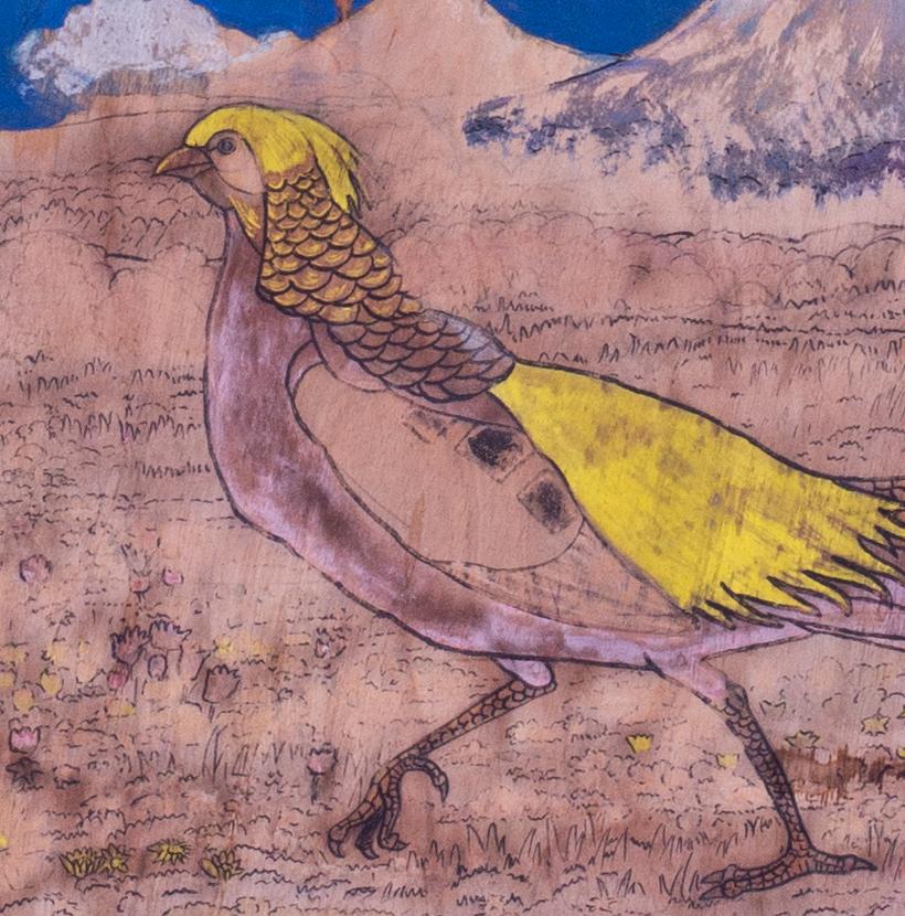 Peinture Art déco sur panneau de bois découpé représentant un phénix doré dans un paysage oriental - Painting de Unknown