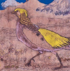 Art Deco painting on cutout wood board of golden pheasant in oriental landscape