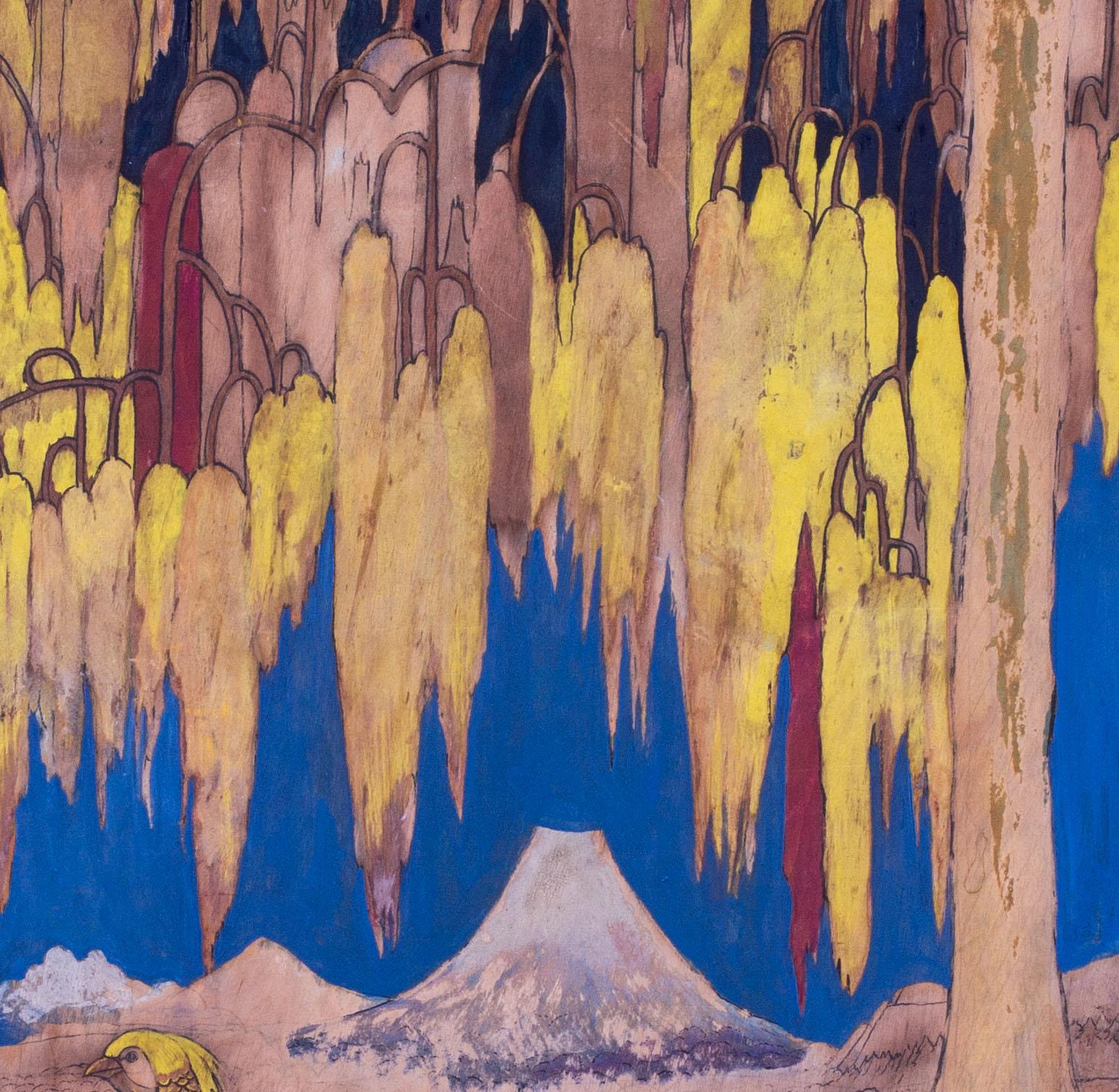 Peinture Art déco sur panneau de bois découpé représentant un phénix doré dans un paysage oriental - Marron Animal Painting par Unknown