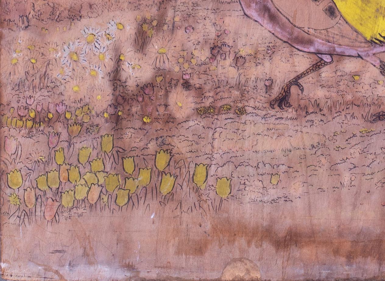 Peinture Art déco sur panneau de bois découpé représentant un phénix doré dans un paysage oriental en vente 1