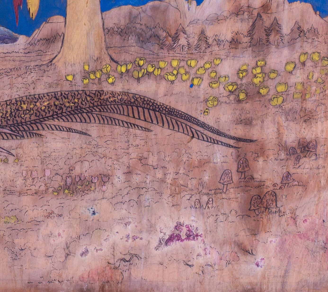 Peinture Art déco sur panneau de bois découpé représentant un phénix doré dans un paysage oriental en vente 2
