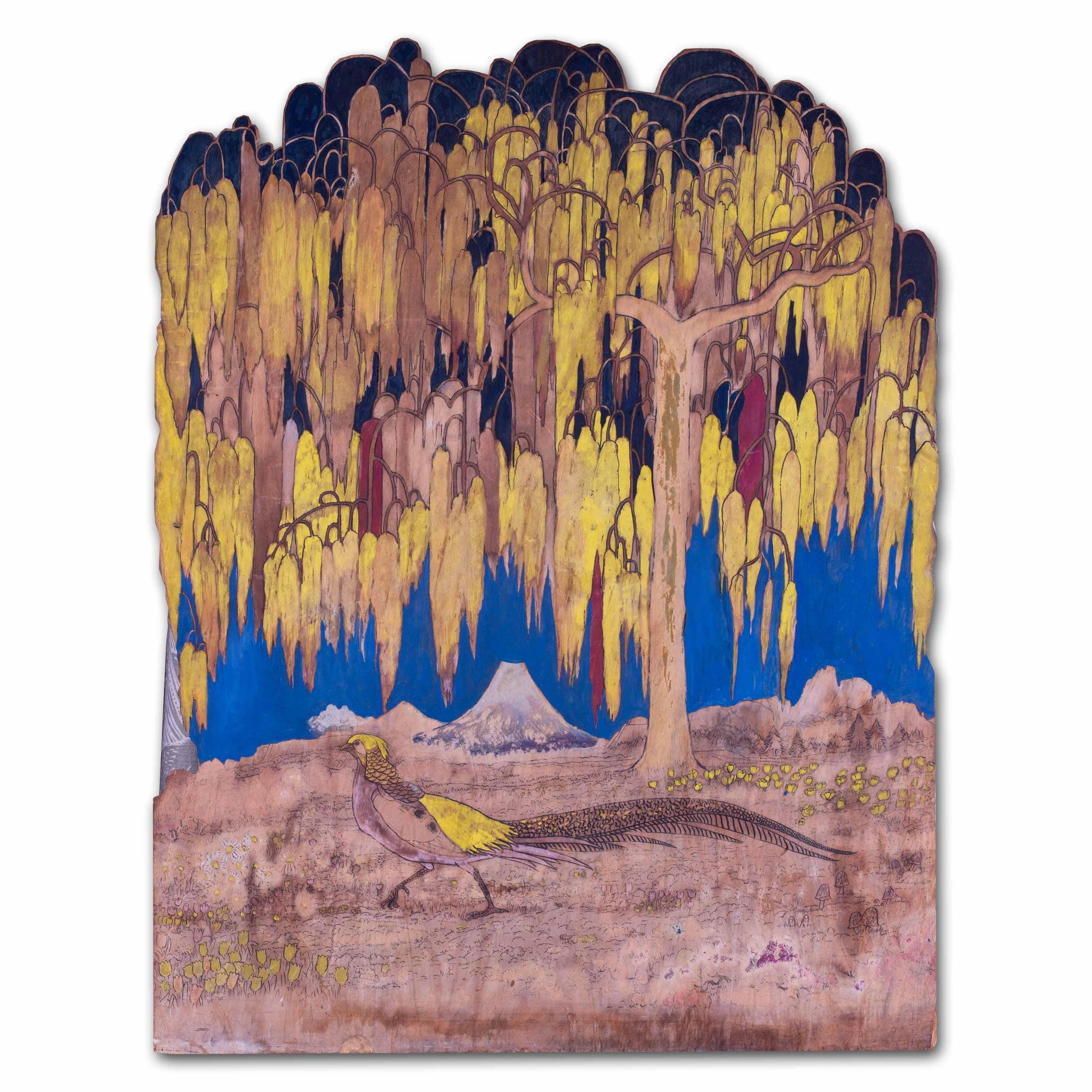 Animal Painting Unknown - Peinture Art déco sur panneau de bois découpé représentant un phénix doré dans un paysage oriental
