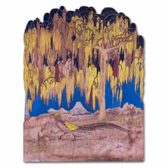 Peinture Art déco sur panneau de bois découpé représentant un phénix doré dans un paysage oriental